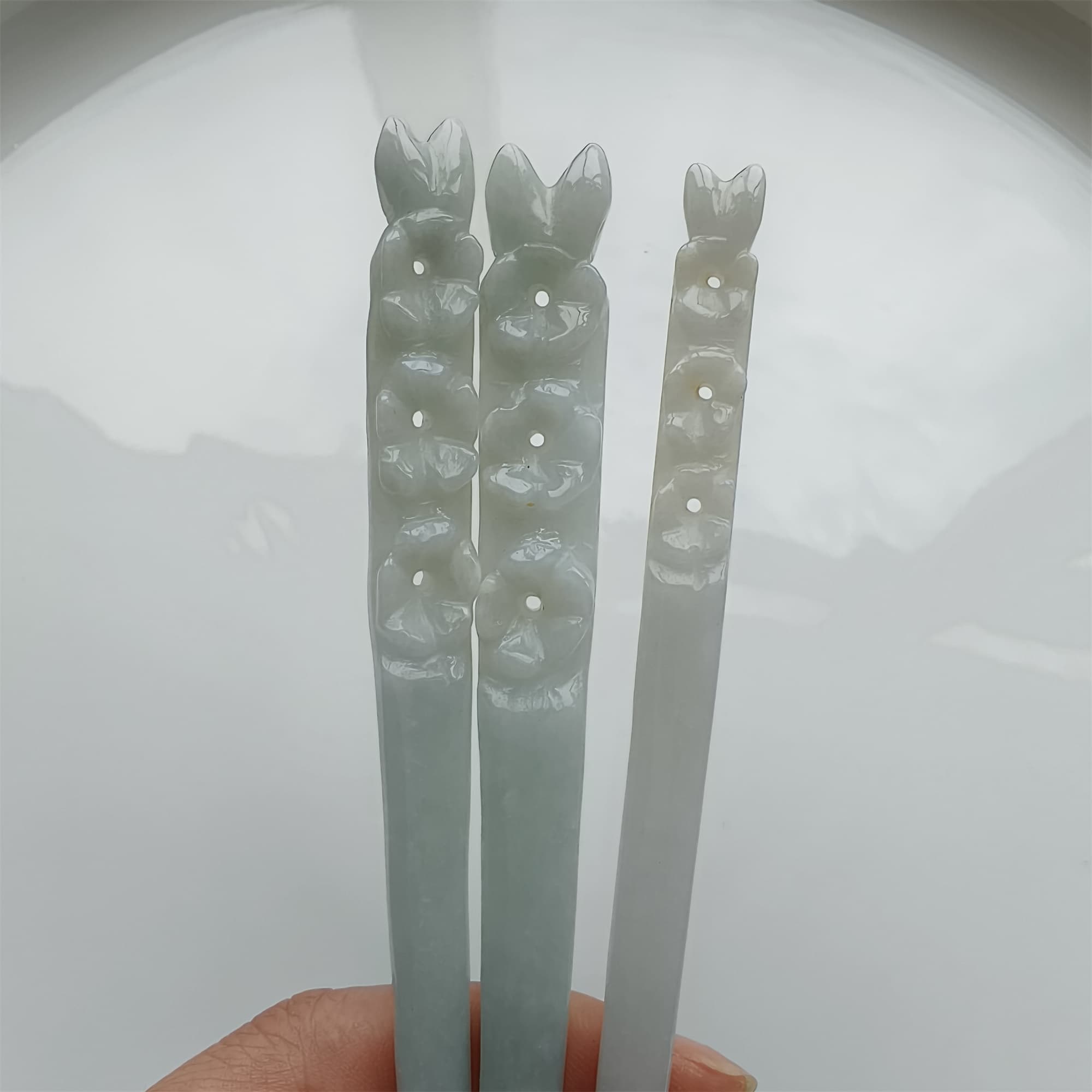 DDP 18.5cm Natural Certificated Type A Icy Green White Burmese Jadeite Flowers Hairpin