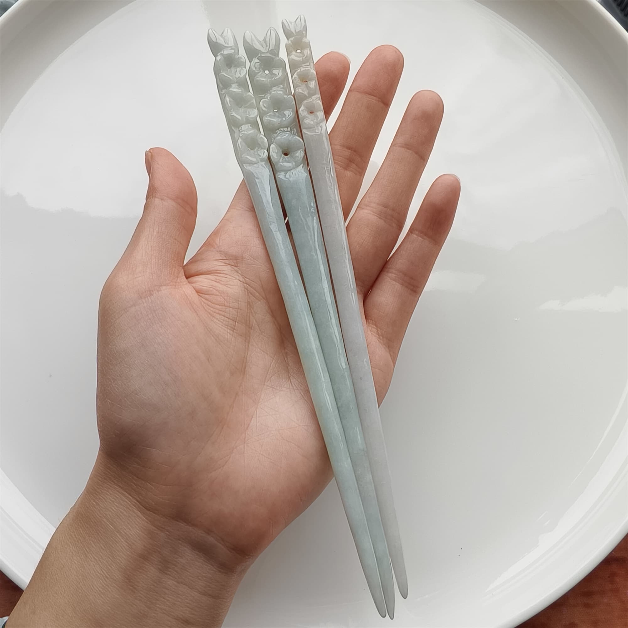 DDP 18.5cm Natural Certificated Type A Icy Green White Burmese Jadeite Flowers Hairpin