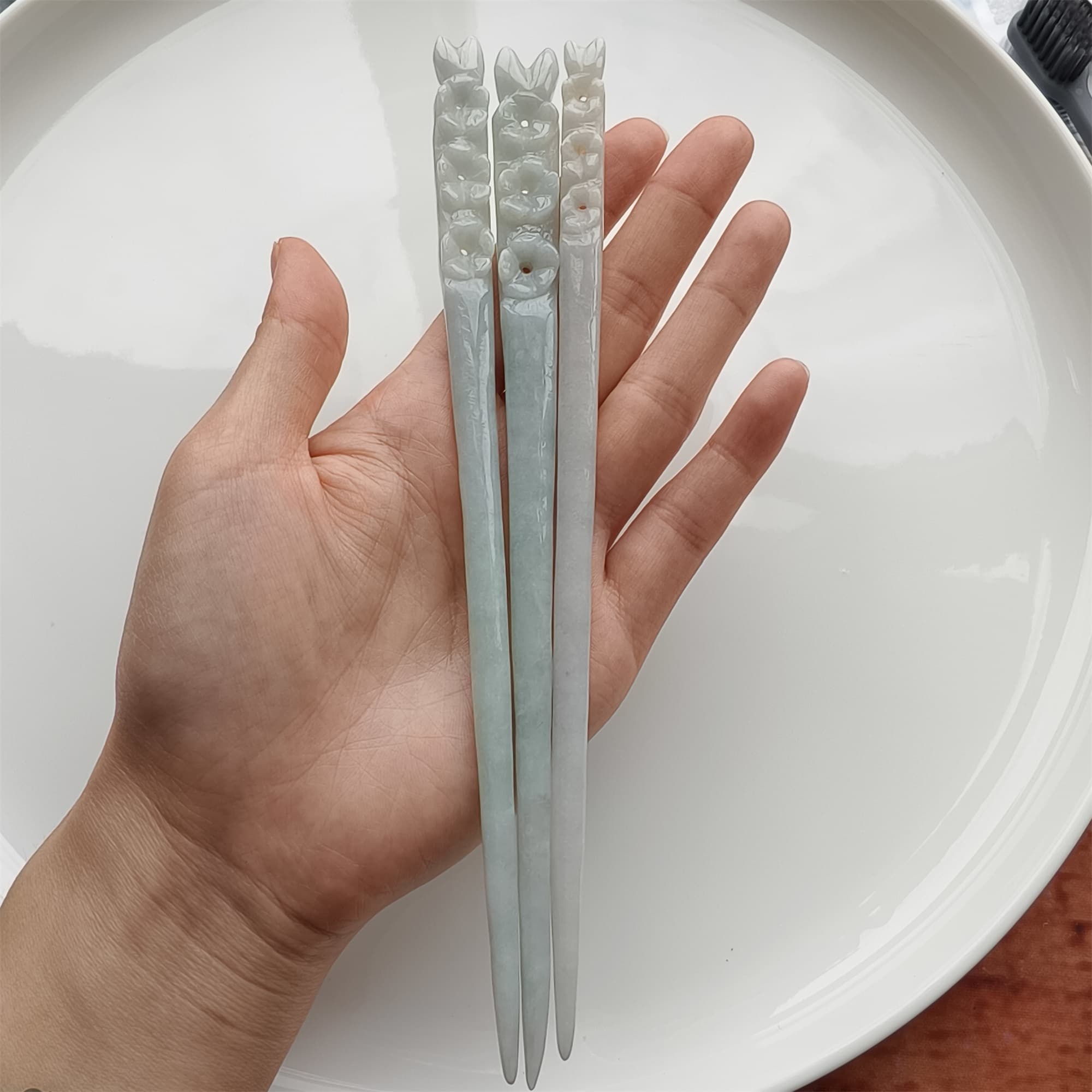 DDP 18.5cm Natural Certificated Type A Icy Green White Burmese Jadeite Flowers Hairpin