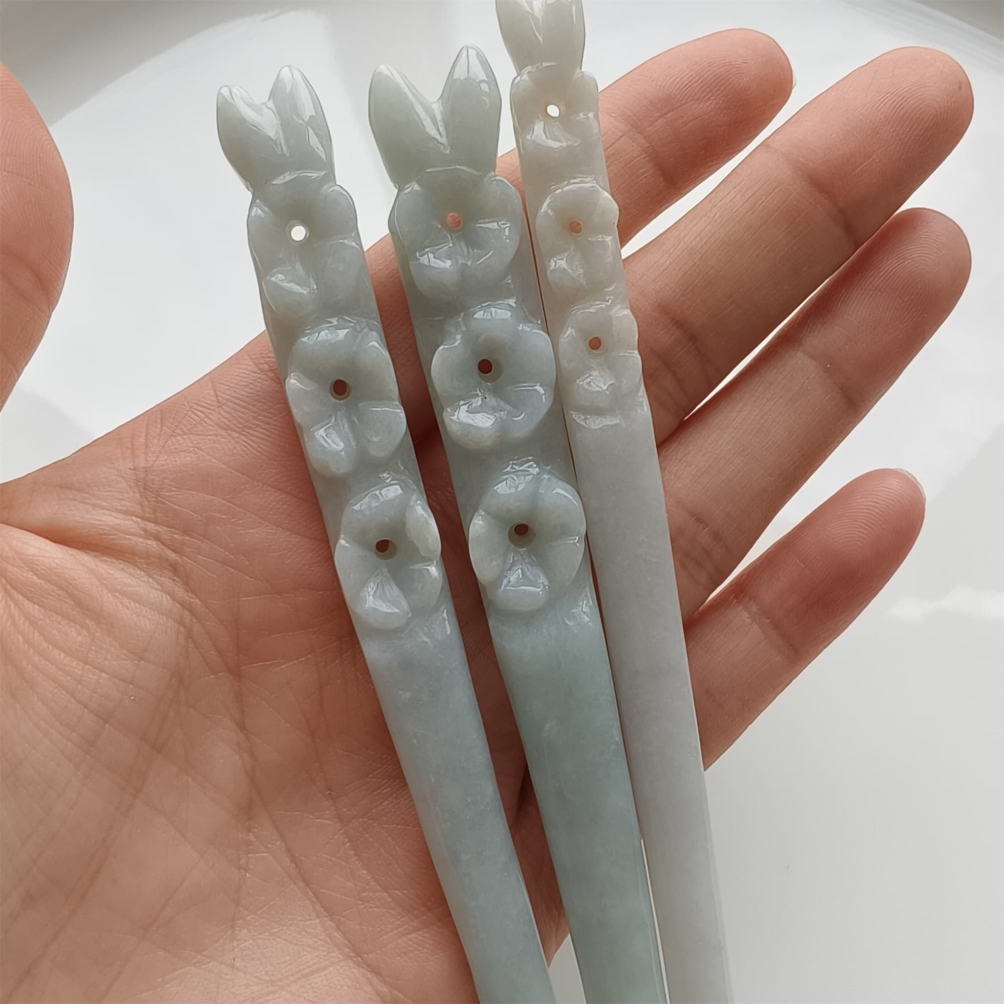 DDP 18.5cm Natural Certificated Type A Icy Green White Burmese Jadeite Flowers Hairpin