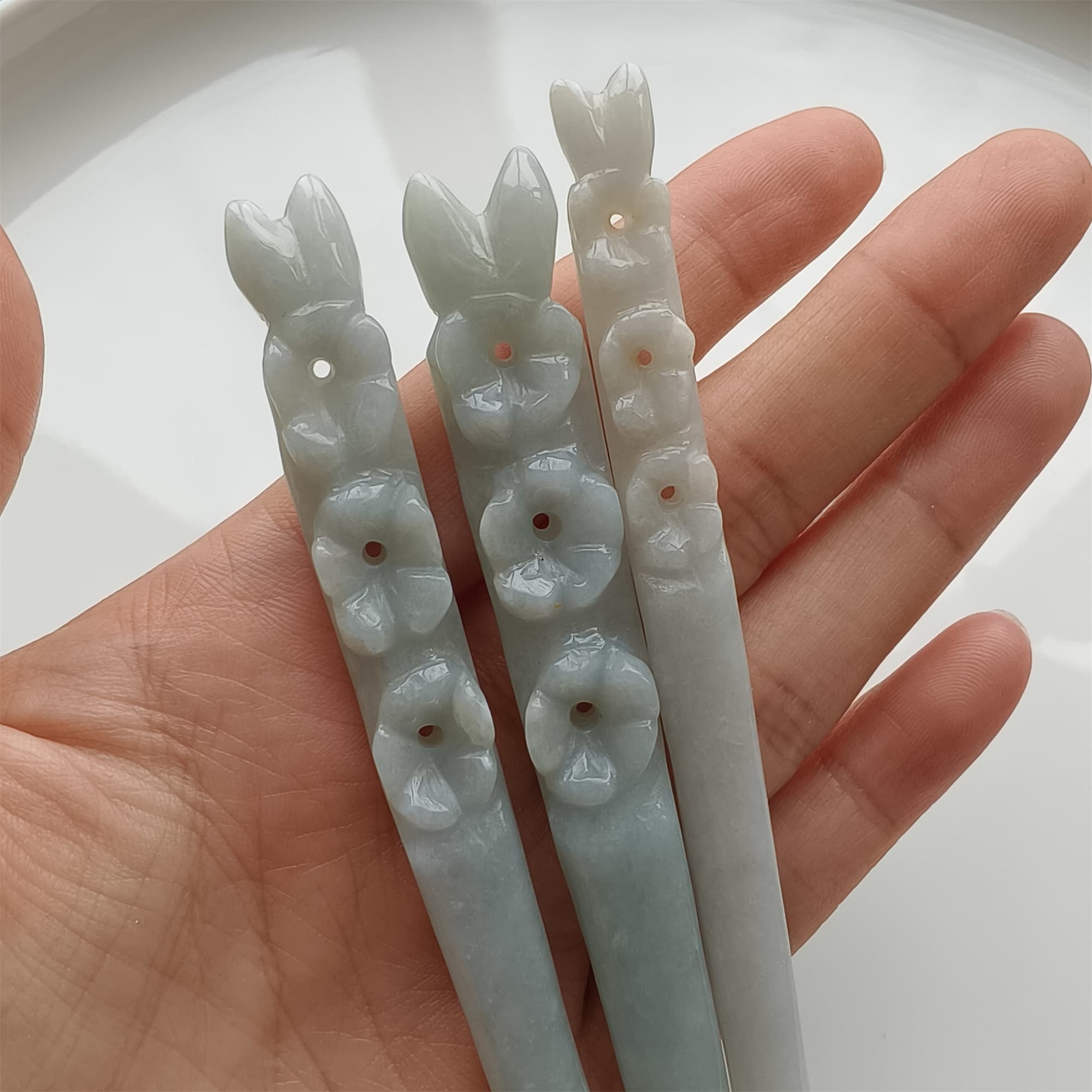 DDP 18.5cm Natural Certificated Type A Icy Green White Burmese Jadeite Flowers Hairpin