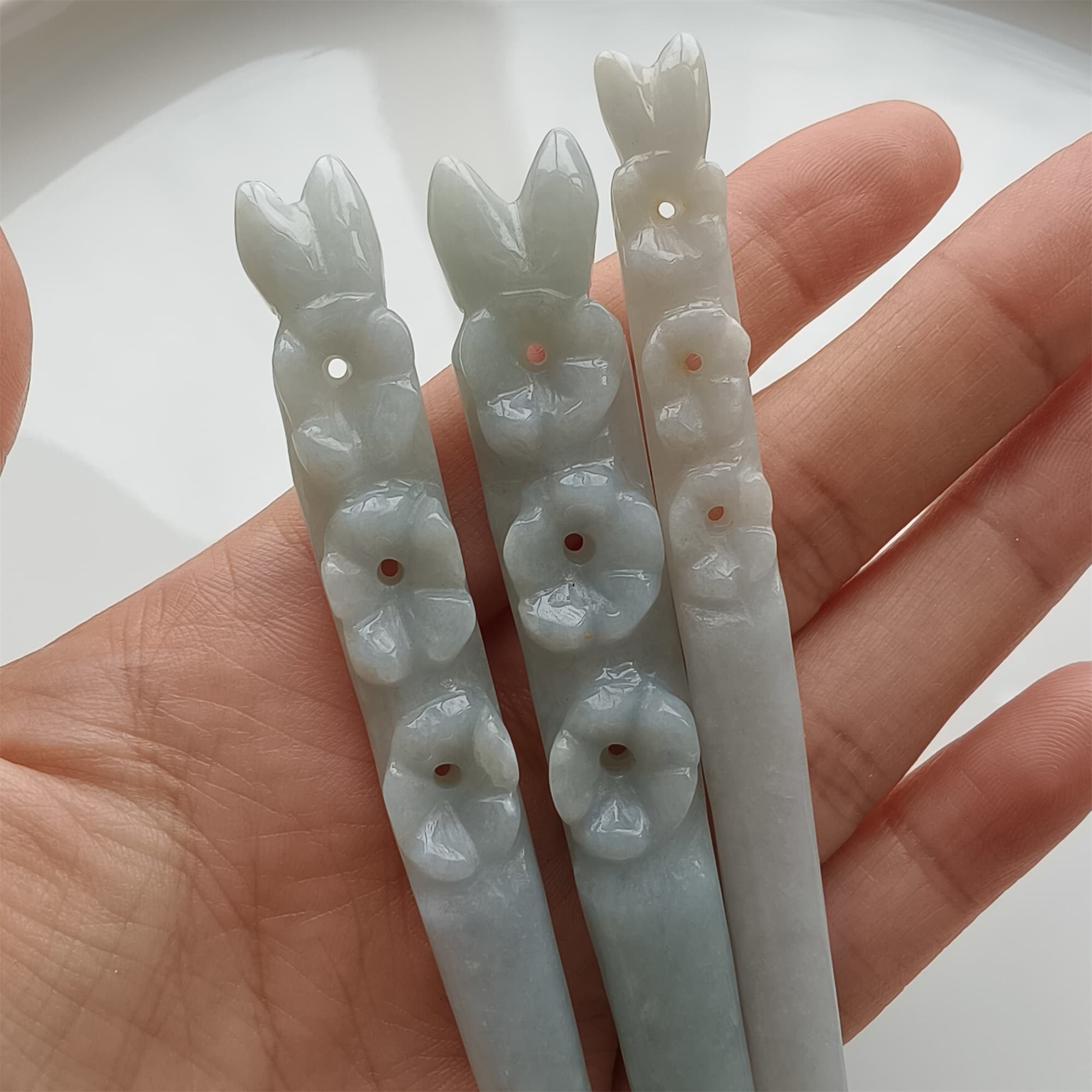 DDP 18.5cm Natural Certificated Type A Icy Green White Burmese Jadeite Flowers Hairpin