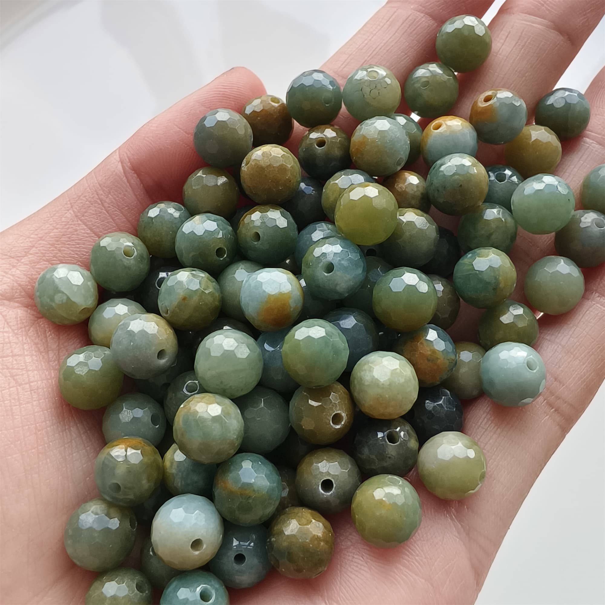 DDP 25pcs 8mm Natural Certificated Blue Yellow Guatemalan Jadeite Round Diamond Cut Beads