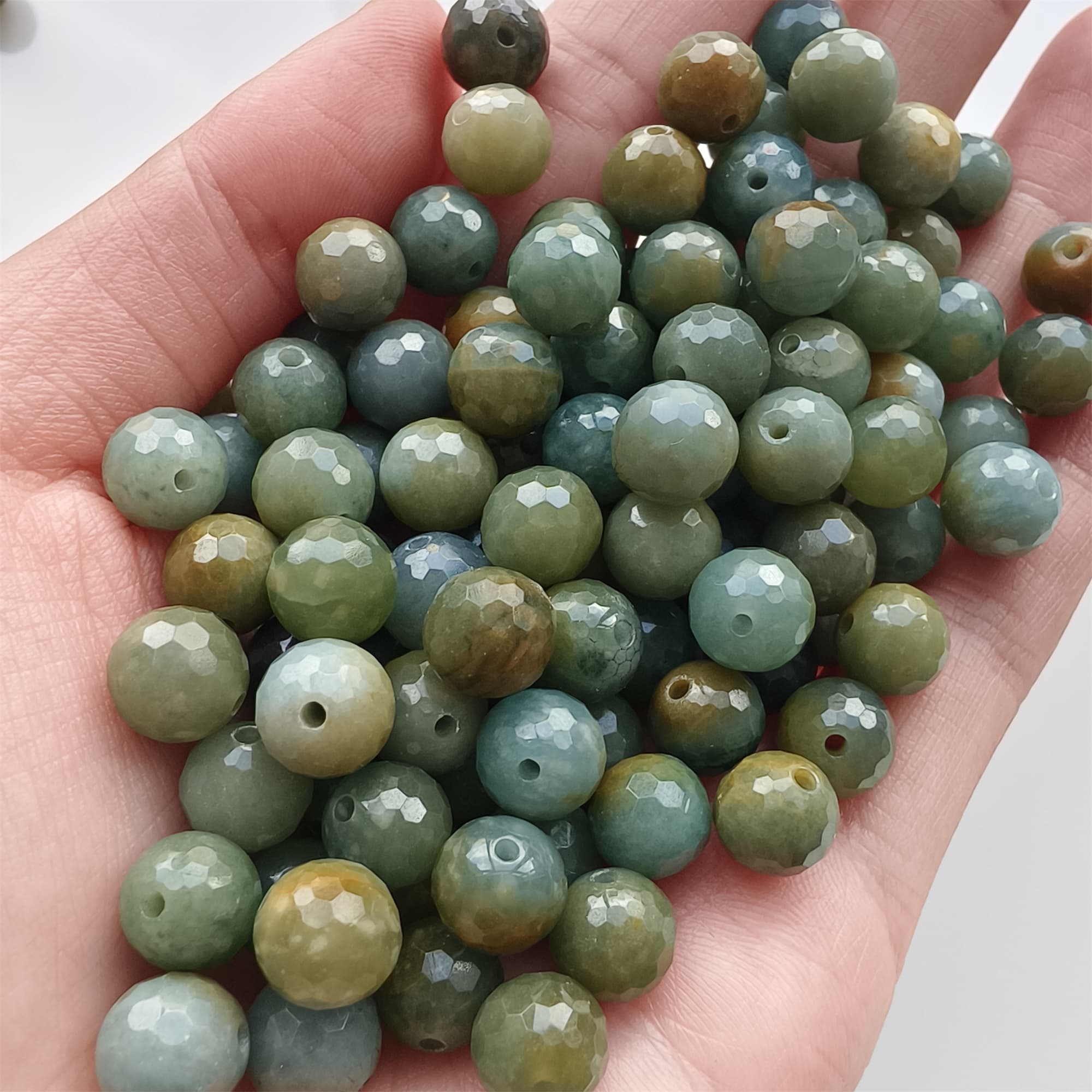 DDP 25pcs 8mm Natural Certificated Blue Yellow Guatemalan Jadeite Round Diamond Cut Beads