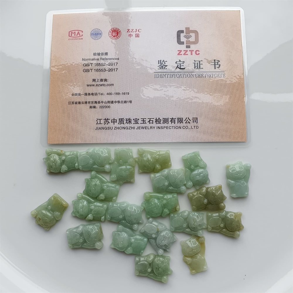 DDP 2pcs 22.5-23mm Natural Certificated Type A Icy Green Yellow Burmese Jadeite Lucky Cat Beads