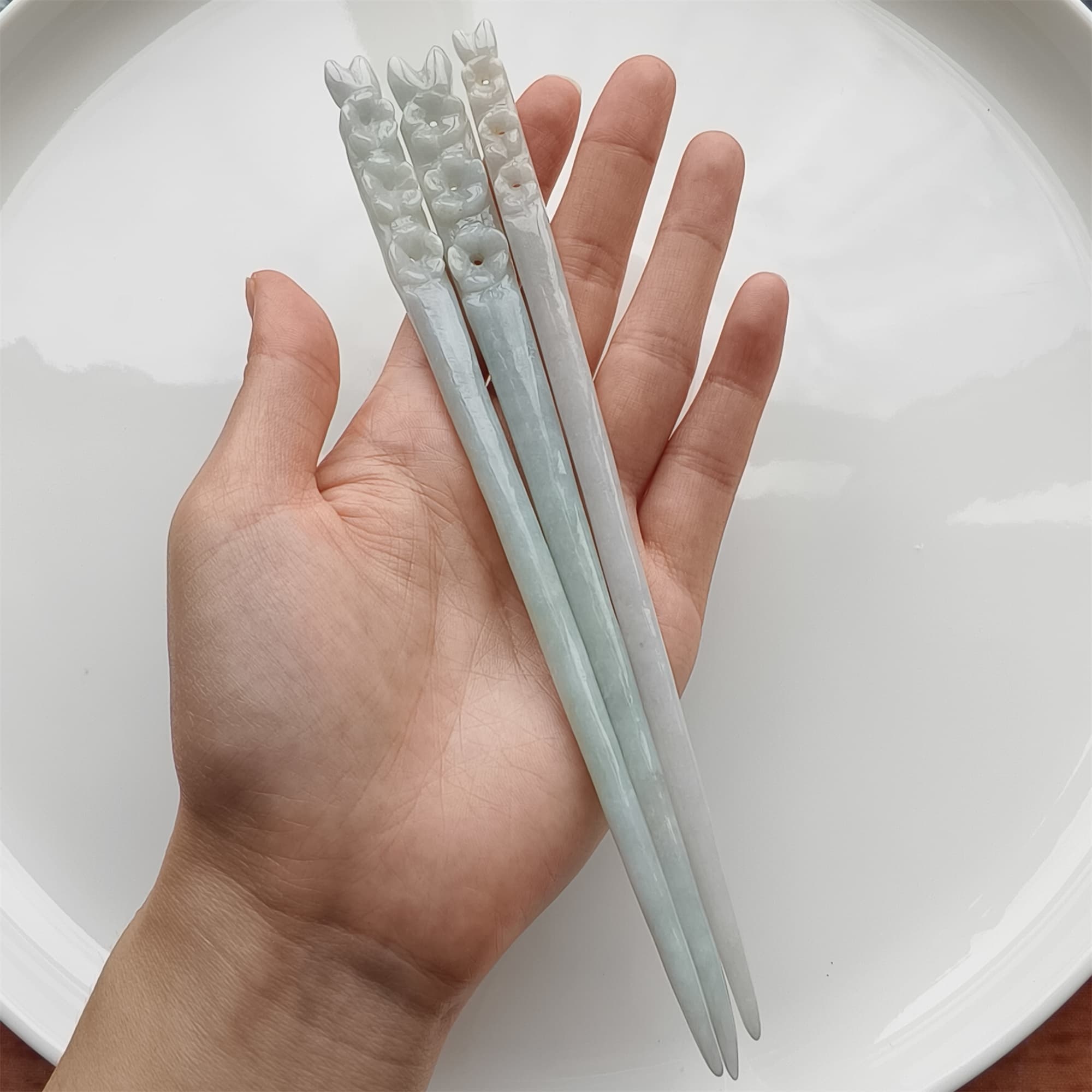 DDP 18.5cm Natural Certificated Type A Icy Green White Burmese Jadeite Flowers Hairpin