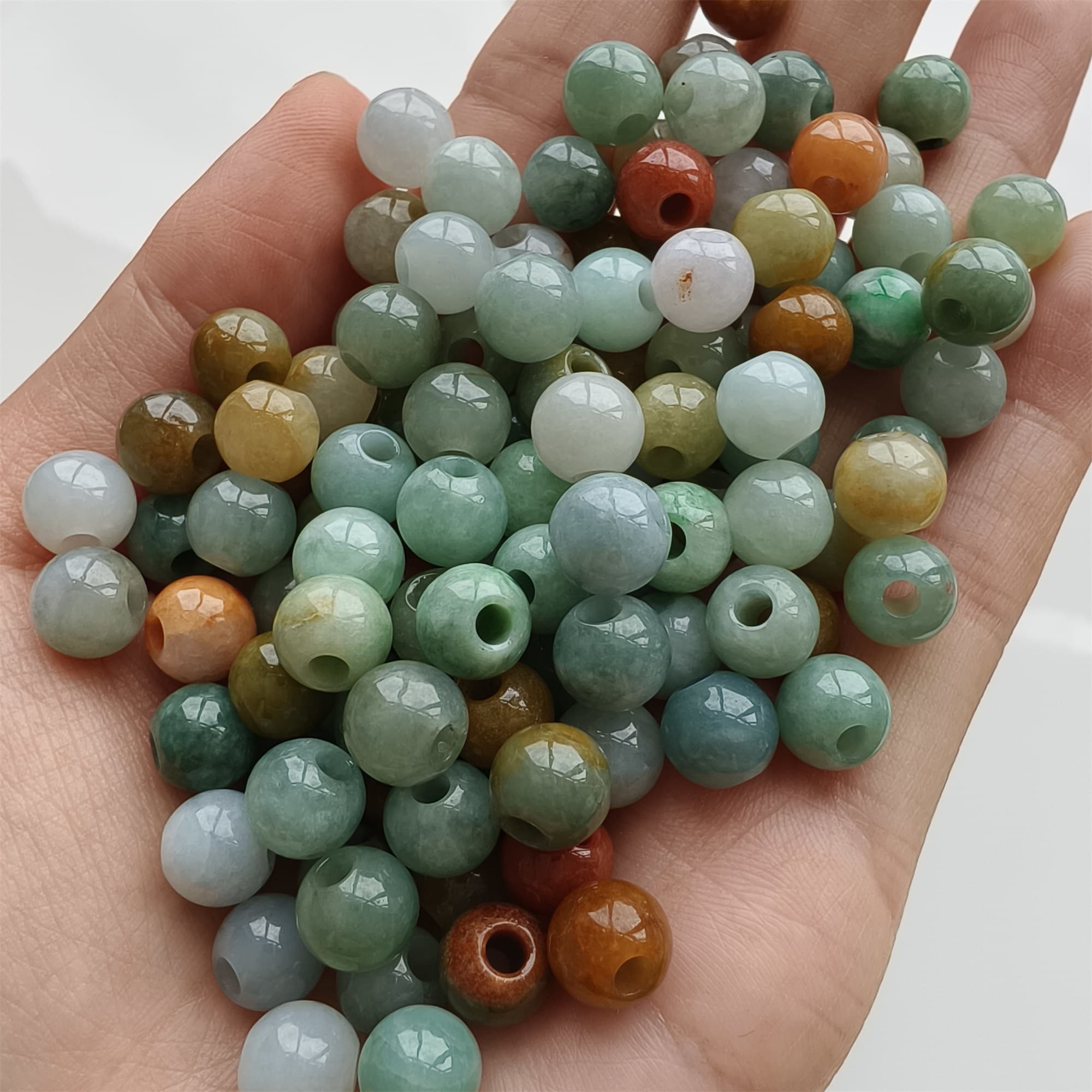 DDP 10pcs 7.5-8mm Natural Certificated Multi Color Burmese Jadeite Big Hole Round Beads