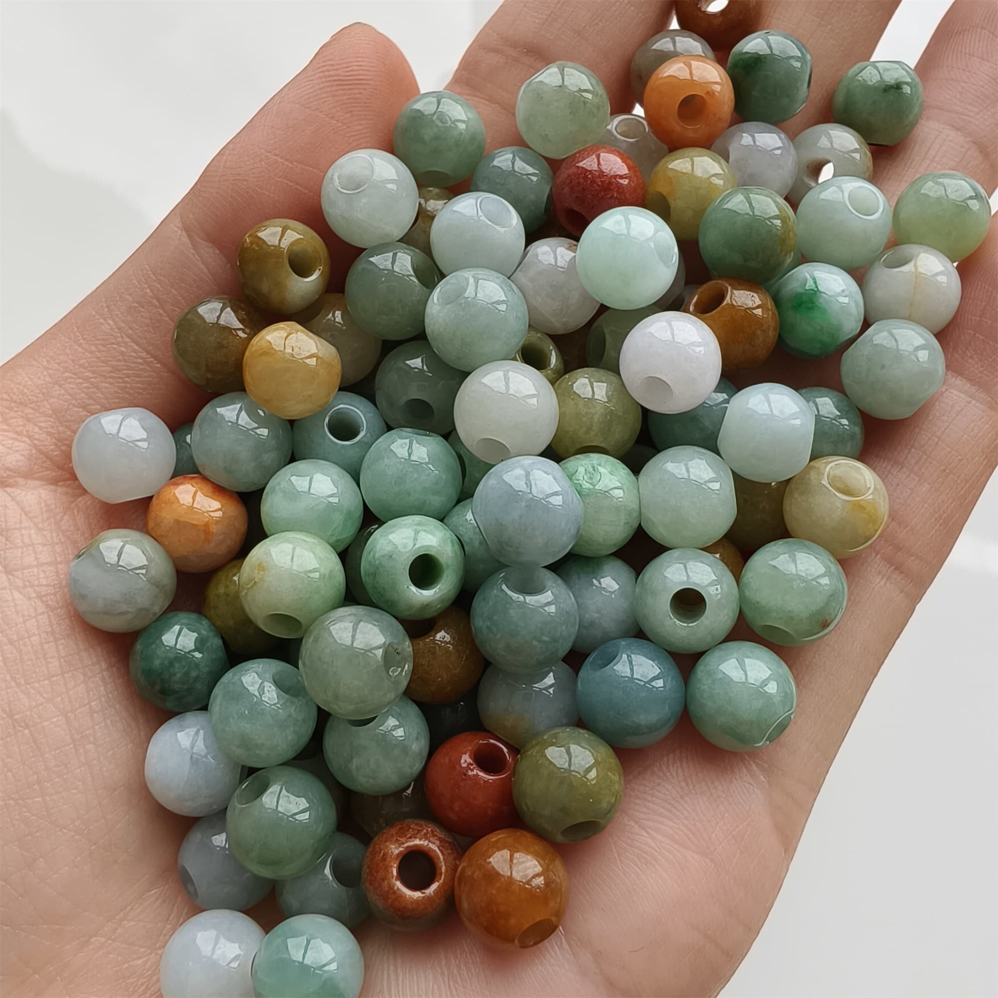 DDP 10pcs 7.5-8mm Natural Certificated Multi Color Burmese Jadeite Big Hole Round Beads