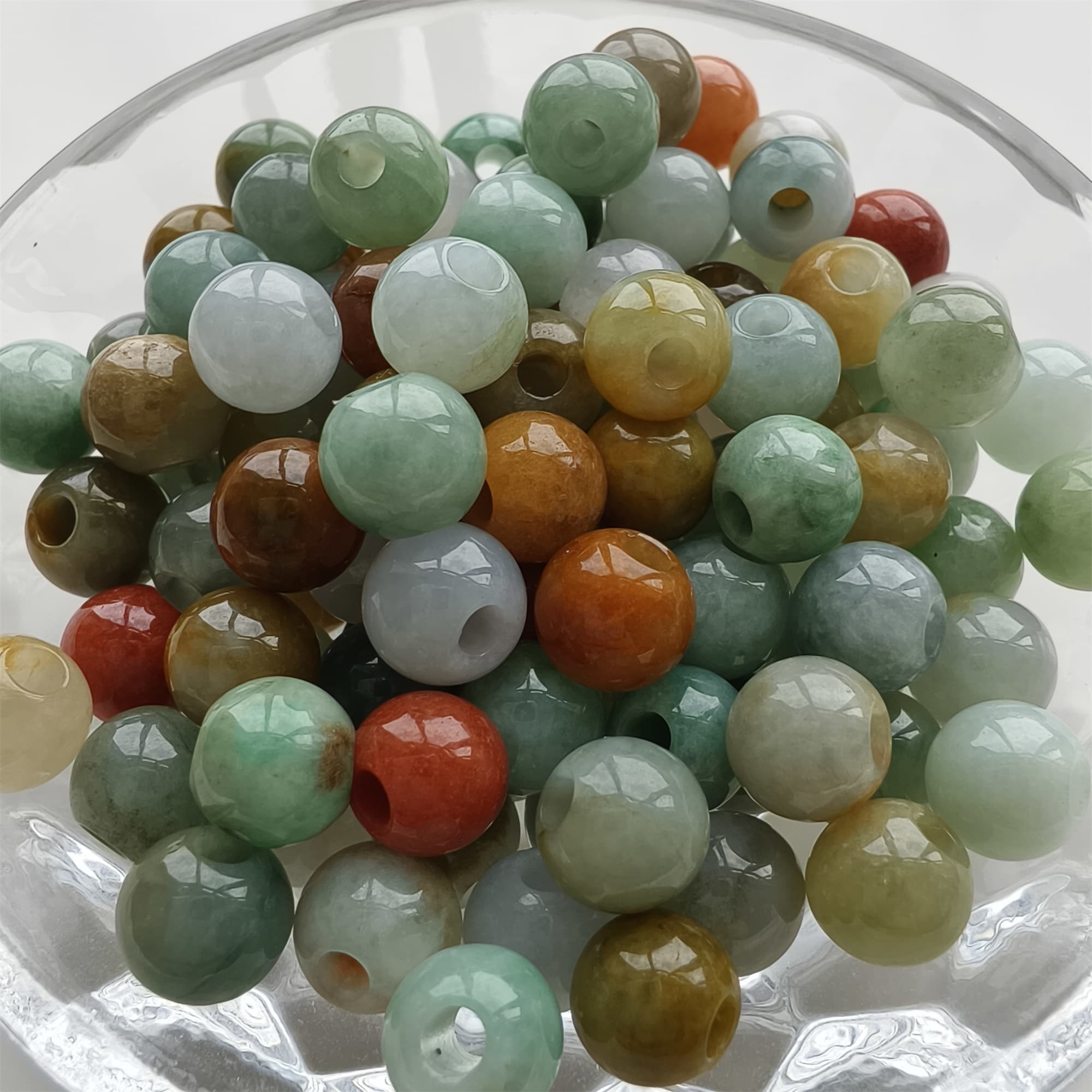 DDP 10pcs 7.5-8mm Natural Certificated Multi Color Burmese Jadeite Big Hole Round Beads
