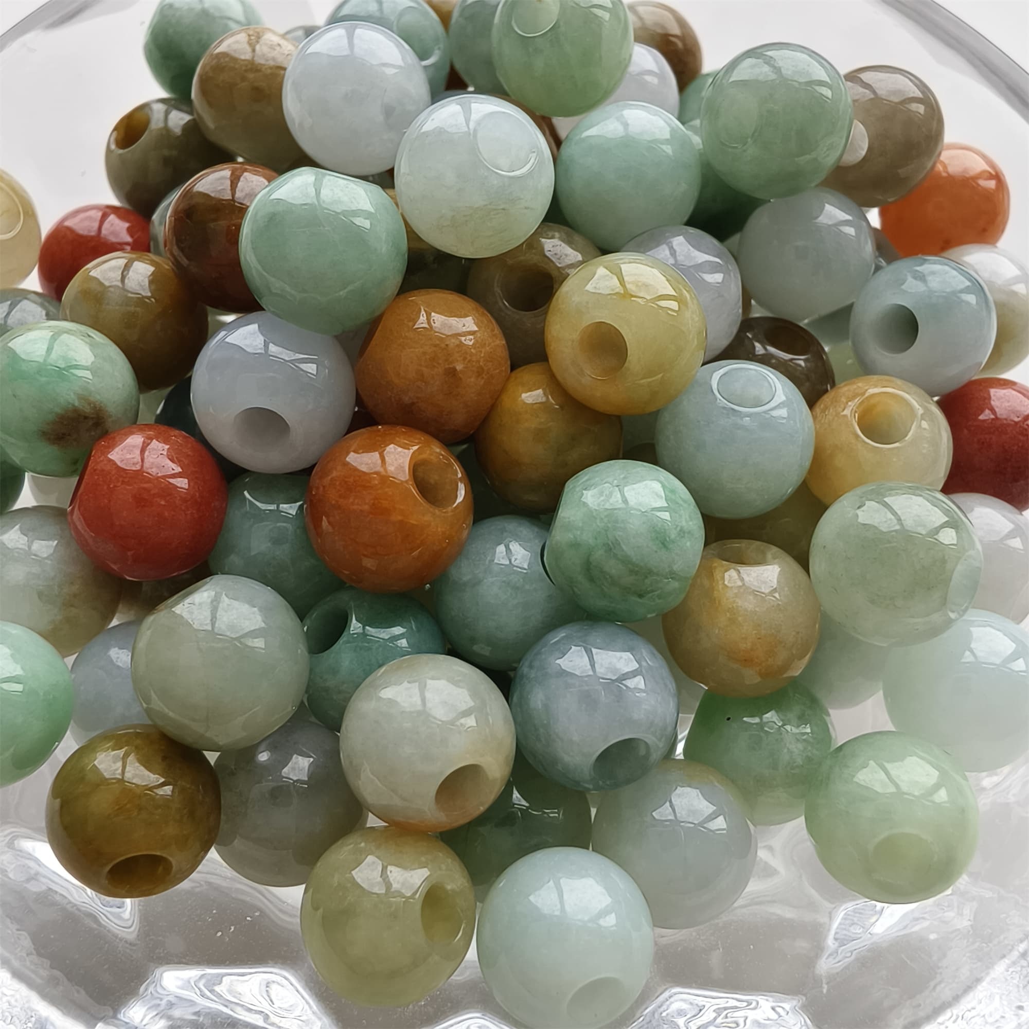 DDP 10pcs 7.5-8mm Natural Certificated Multi Color Burmese Jadeite Big Hole Round Beads