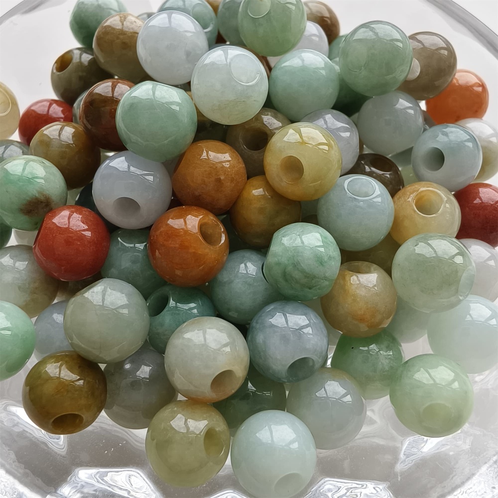 DDP 10pcs 7.5-8mm Natural Certificated Multi Color Burmese Jadeite Big Hole Round Beads