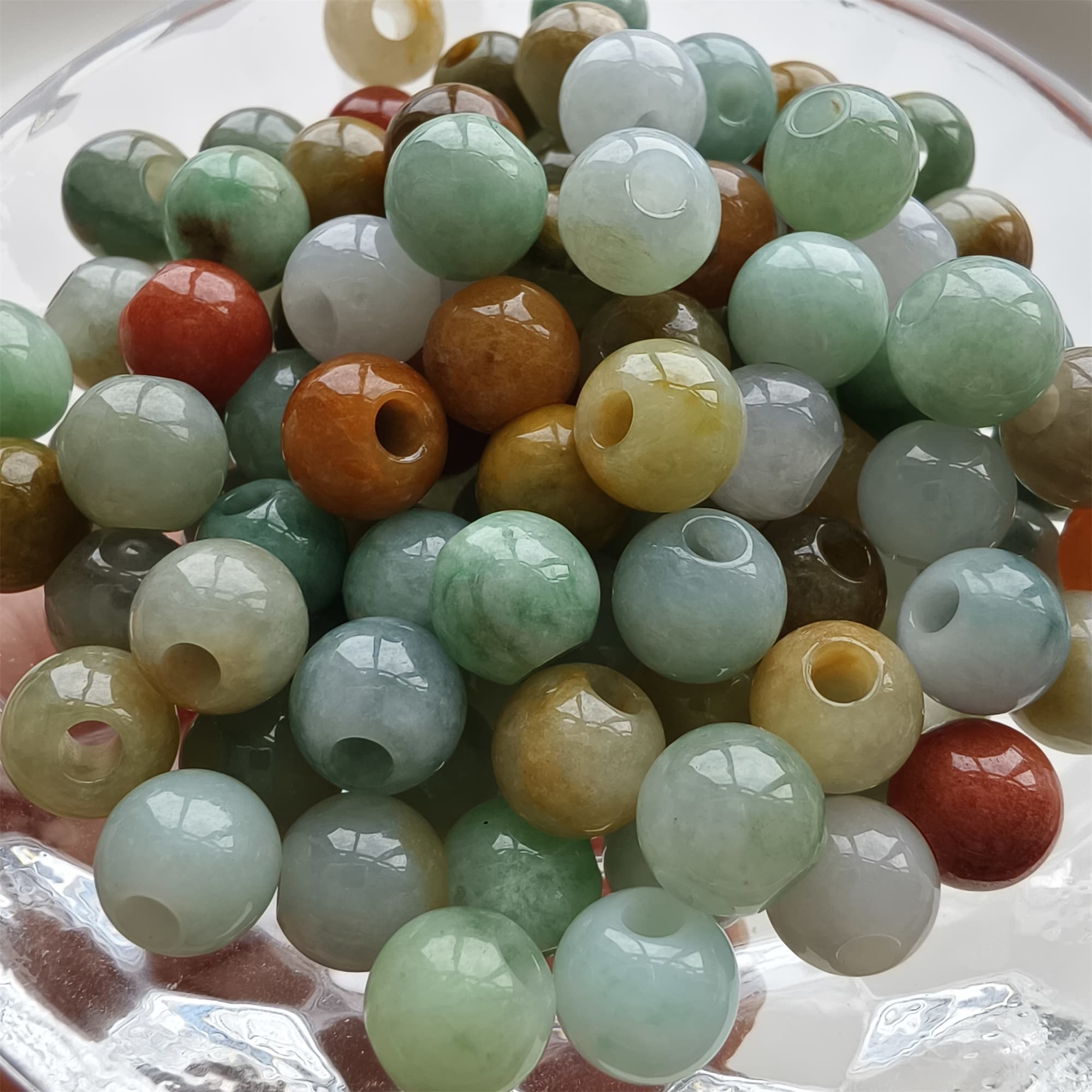 DDP 10pcs 7.5-8mm Natural Certificated Multi Color Burmese Jadeite Big Hole Round Beads