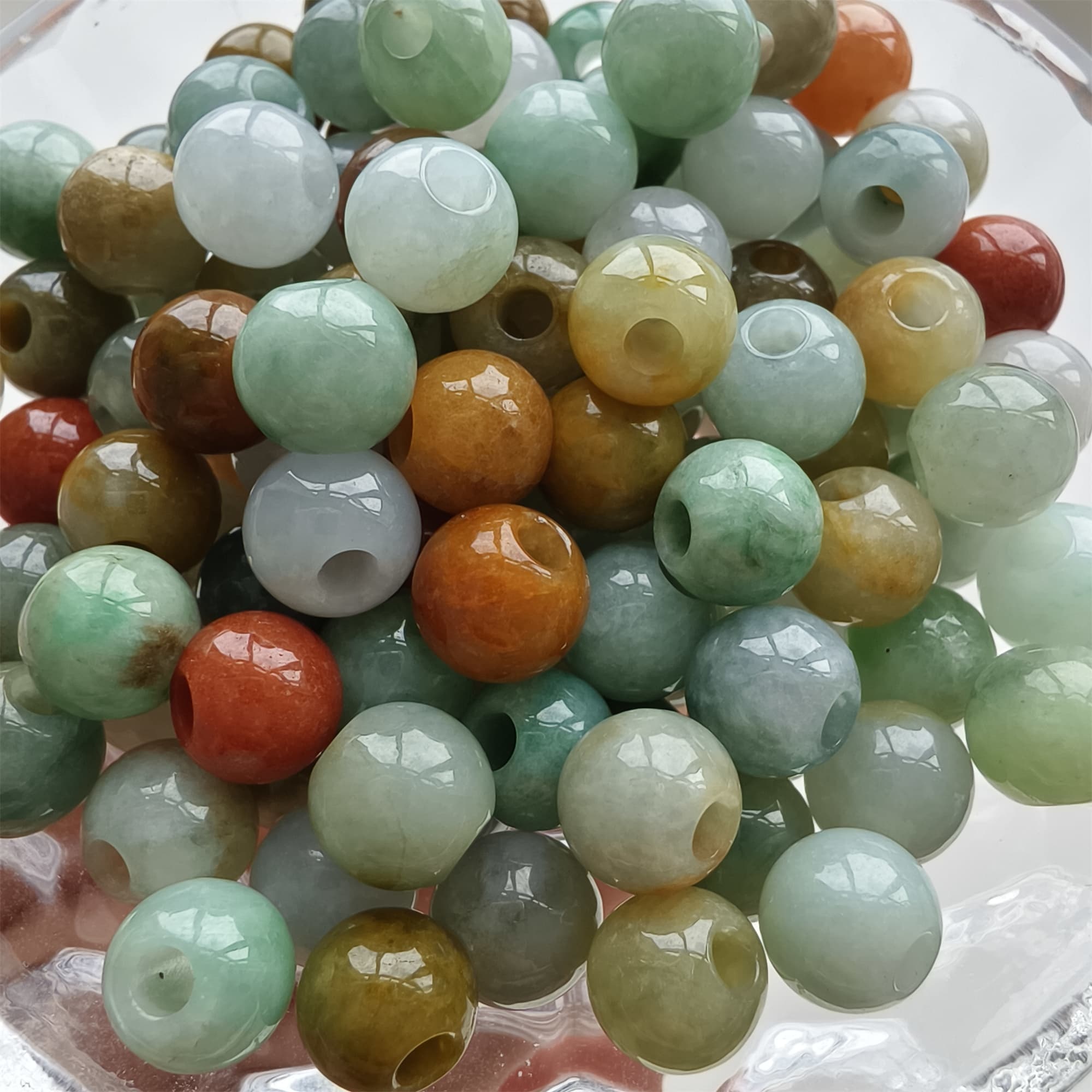 DDP 10pcs 7.5-8mm Natural Certificated Multi Color Burmese Jadeite Big Hole Round Beads