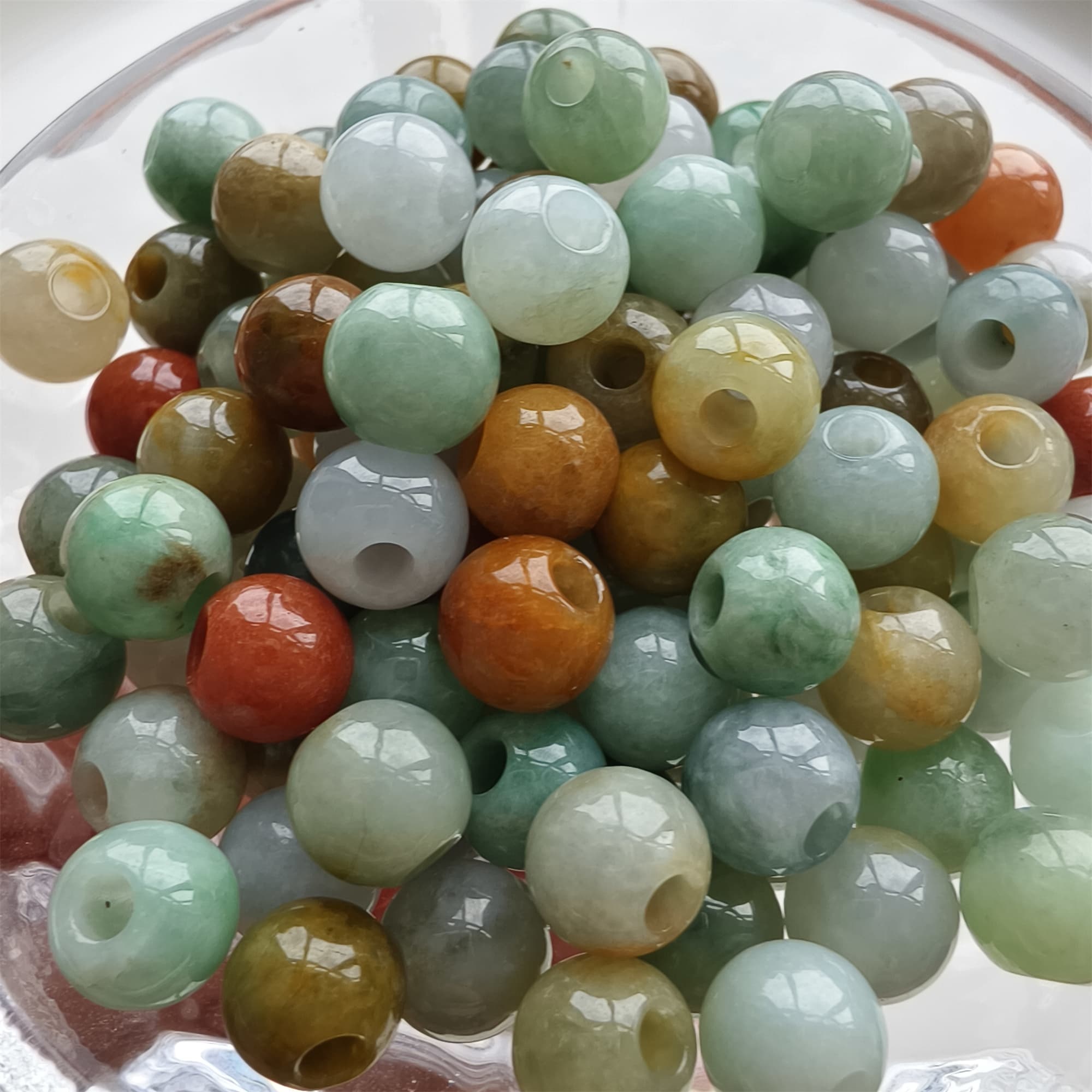 DDP 10pcs 7.5-8mm Natural Certificated Multi Color Burmese Jadeite Big Hole Round Beads