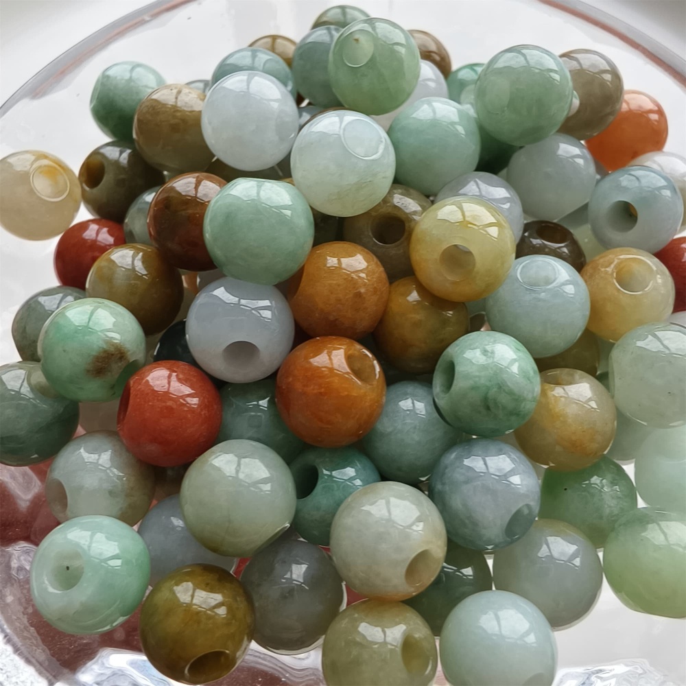 DDP 10pcs 7.5-8mm Natural Certificated Multi Color Burmese Jadeite Big Hole Round Beads