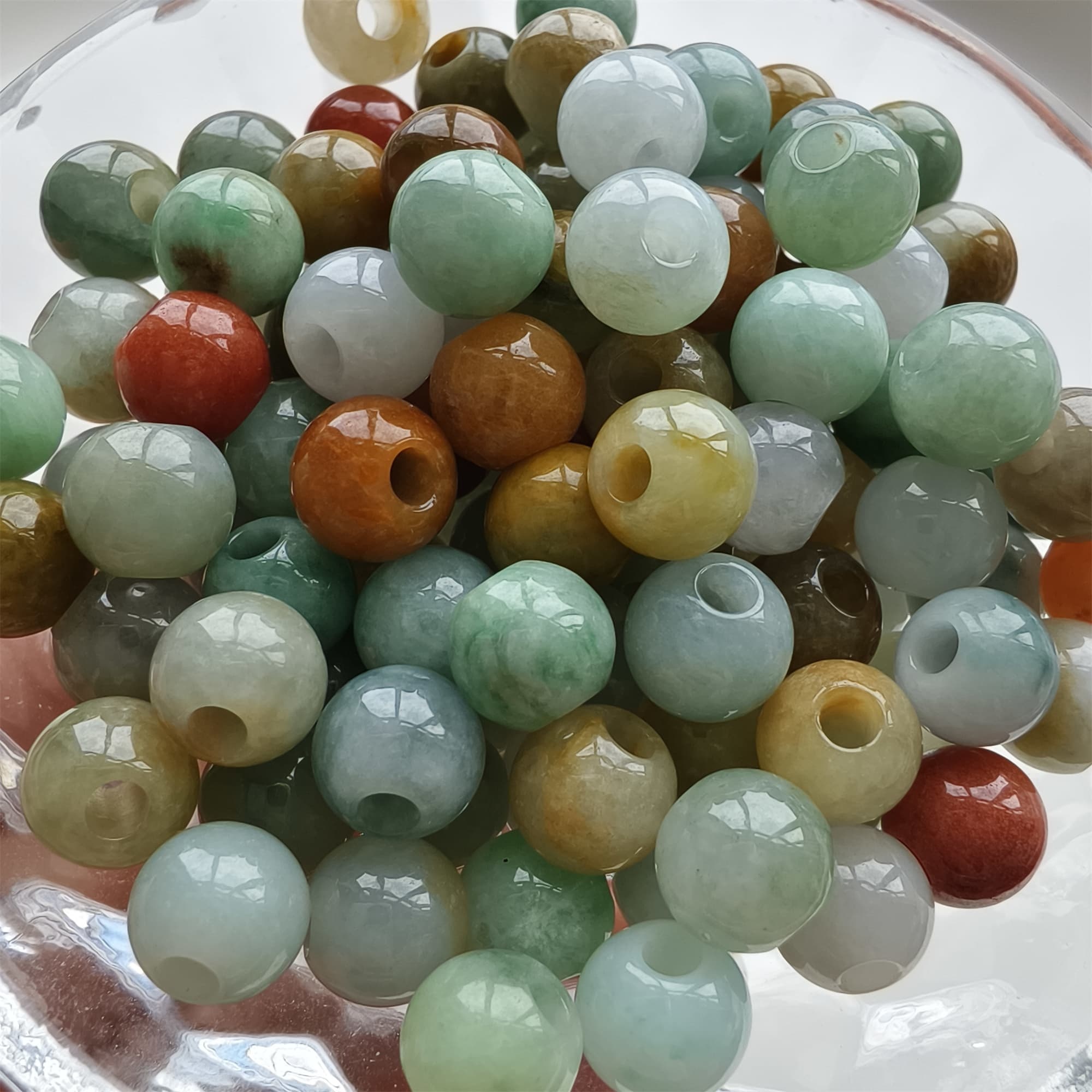 DDP 10pcs 7.5-8mm Natural Certificated Multi Color Burmese Jadeite Big Hole Round Beads