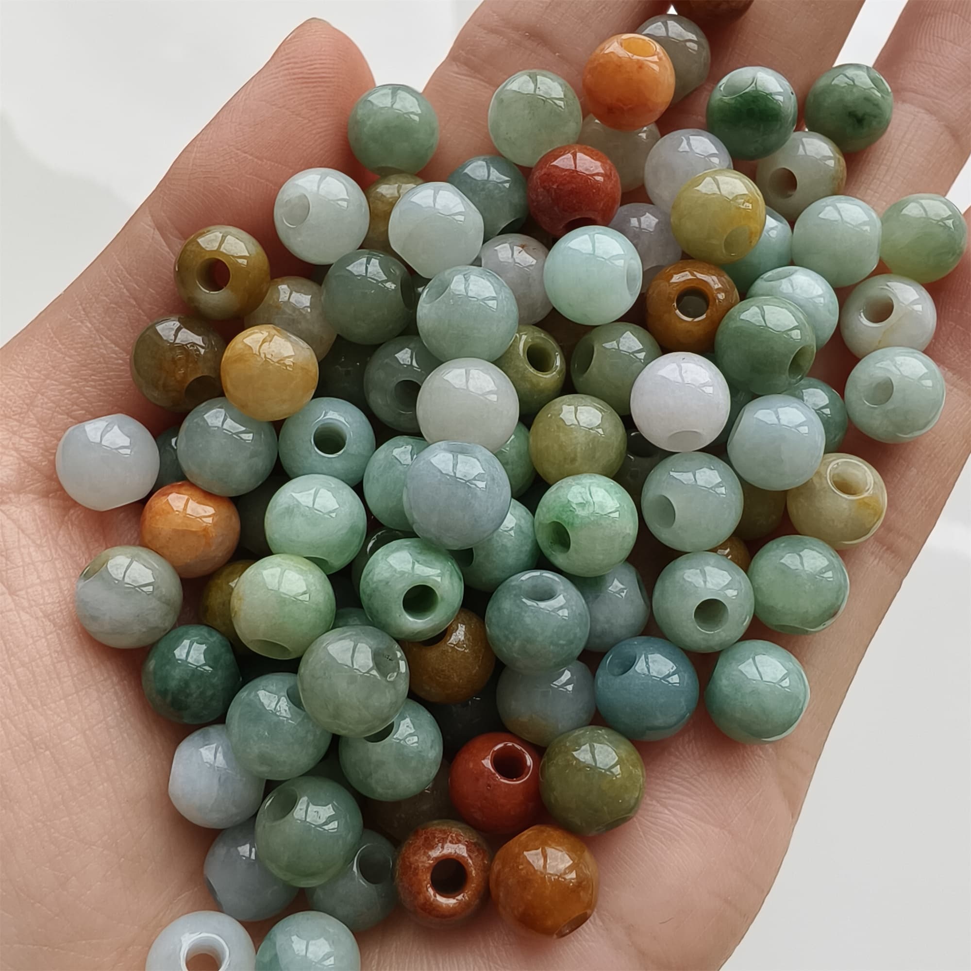 DDP 10pcs 7.5-8mm Natural Certificated Multi Color Burmese Jadeite Big Hole Round Beads