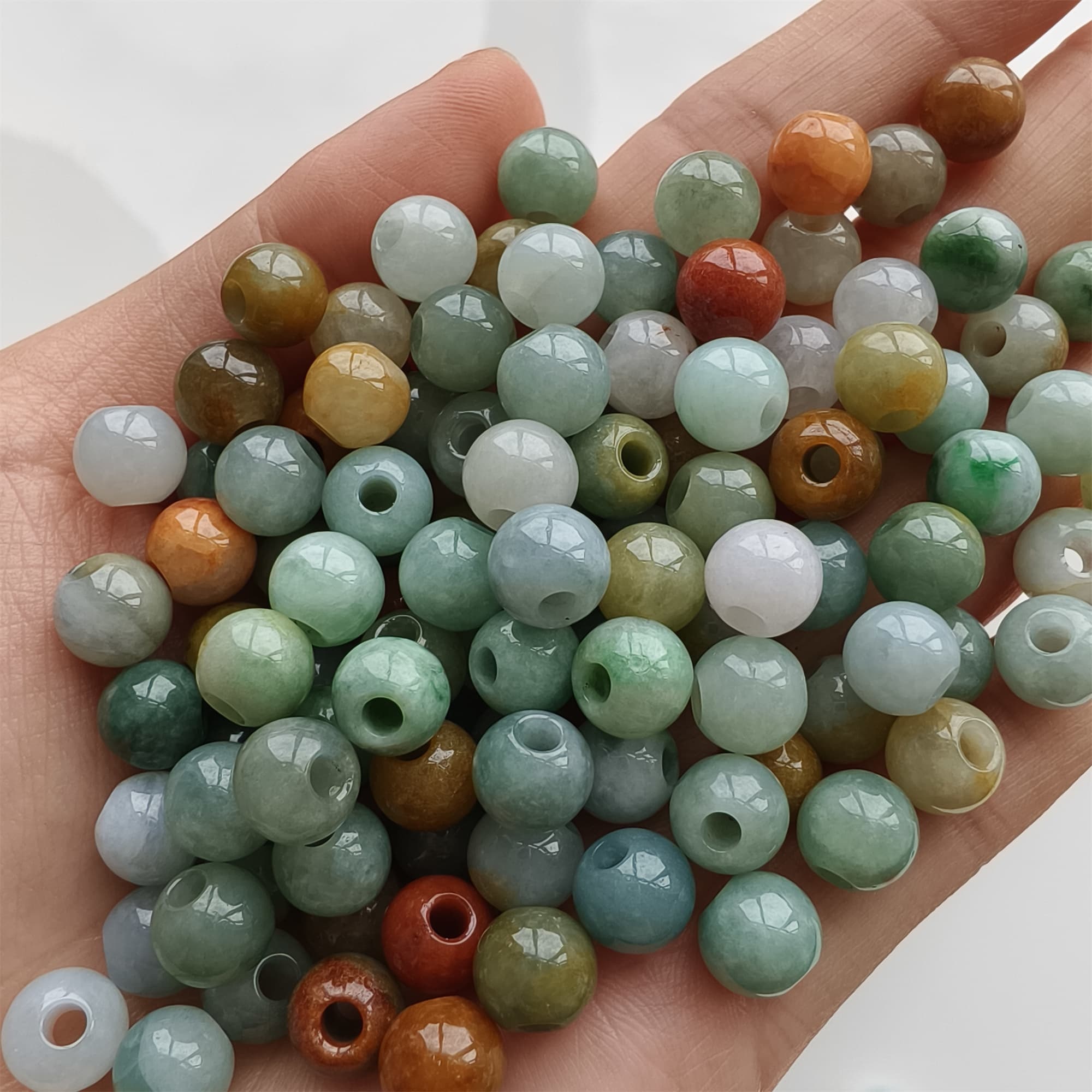 DDP 10pcs 7.5-8mm Natural Certificated Multi Color Burmese Jadeite Big Hole Round Beads