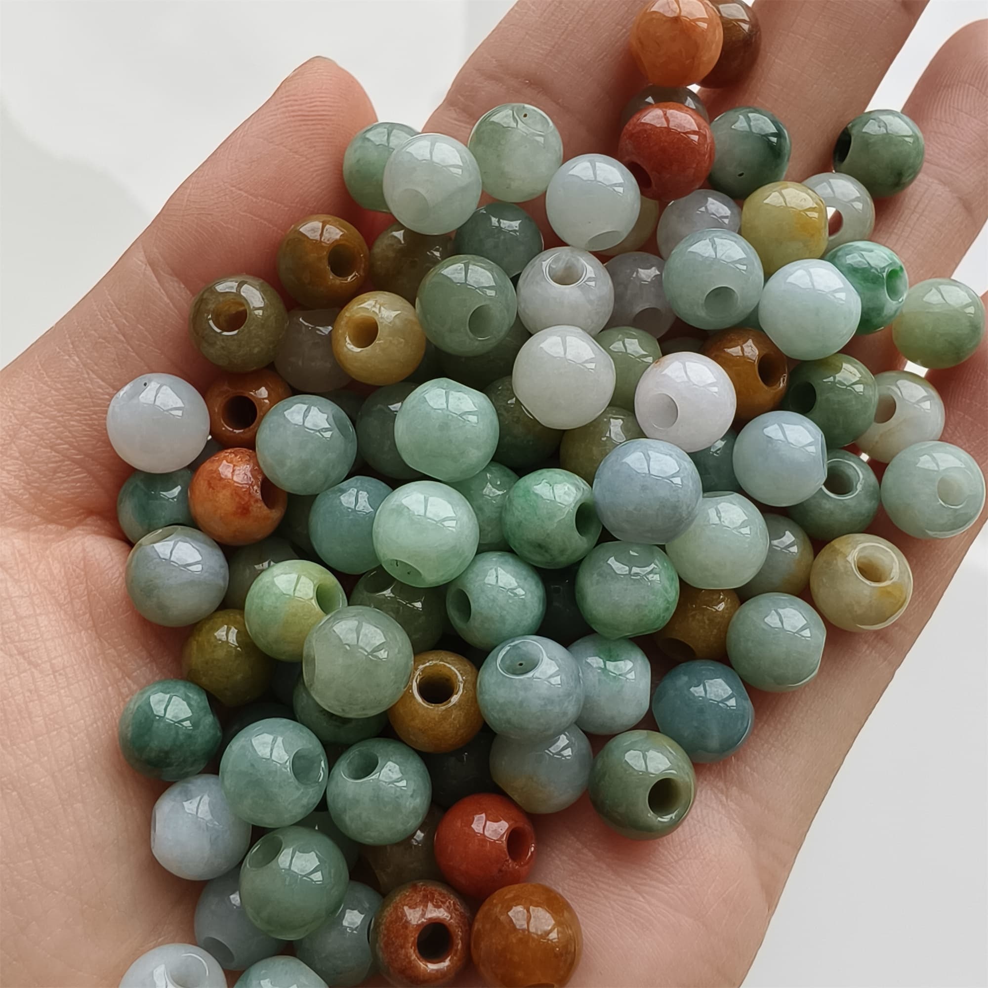 DDP 10pcs 7.5-8mm Natural Certificated Multi Color Burmese Jadeite Big Hole Round Beads