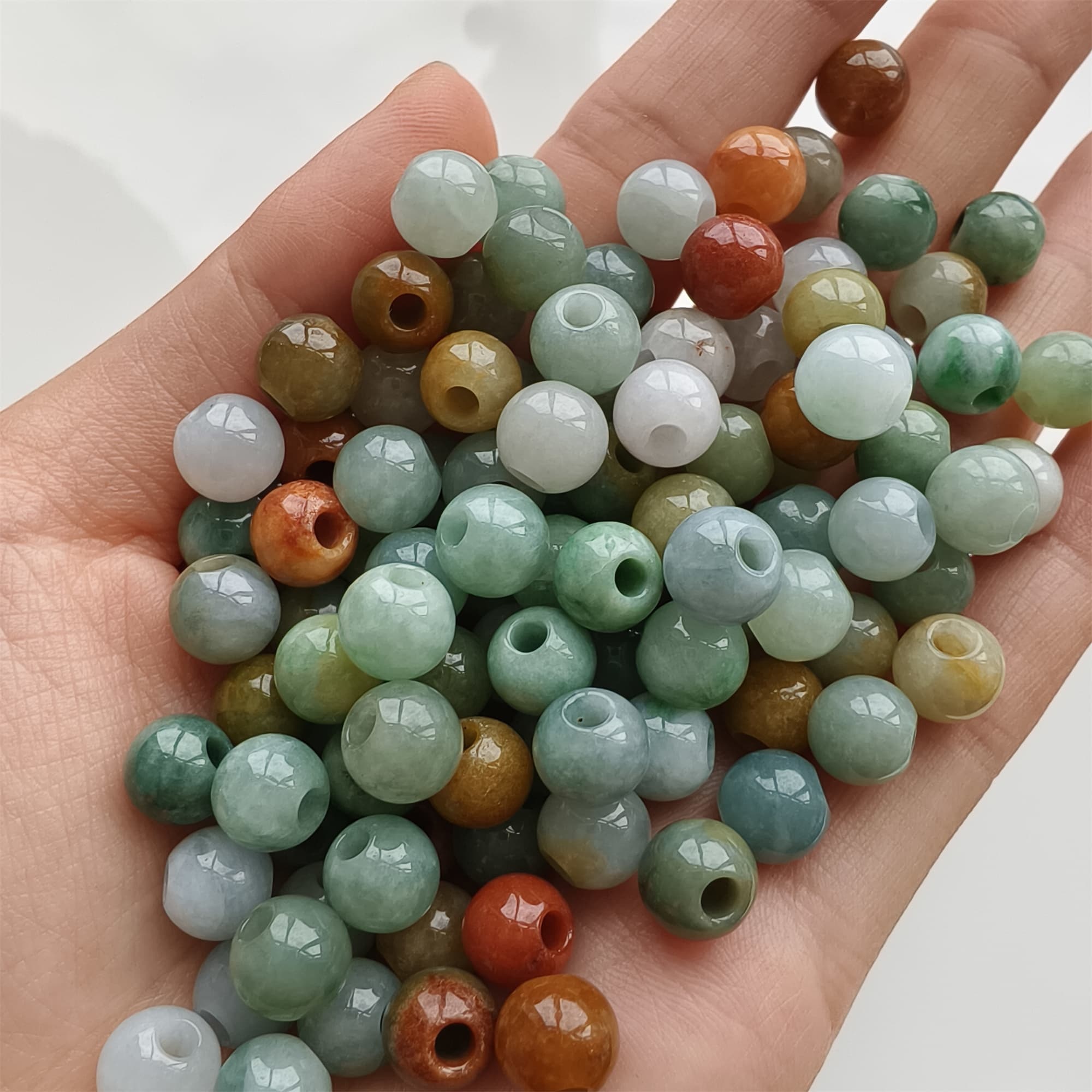 DDP 10pcs 7.5-8mm Natural Certificated Multi Color Burmese Jadeite Big Hole Round Beads