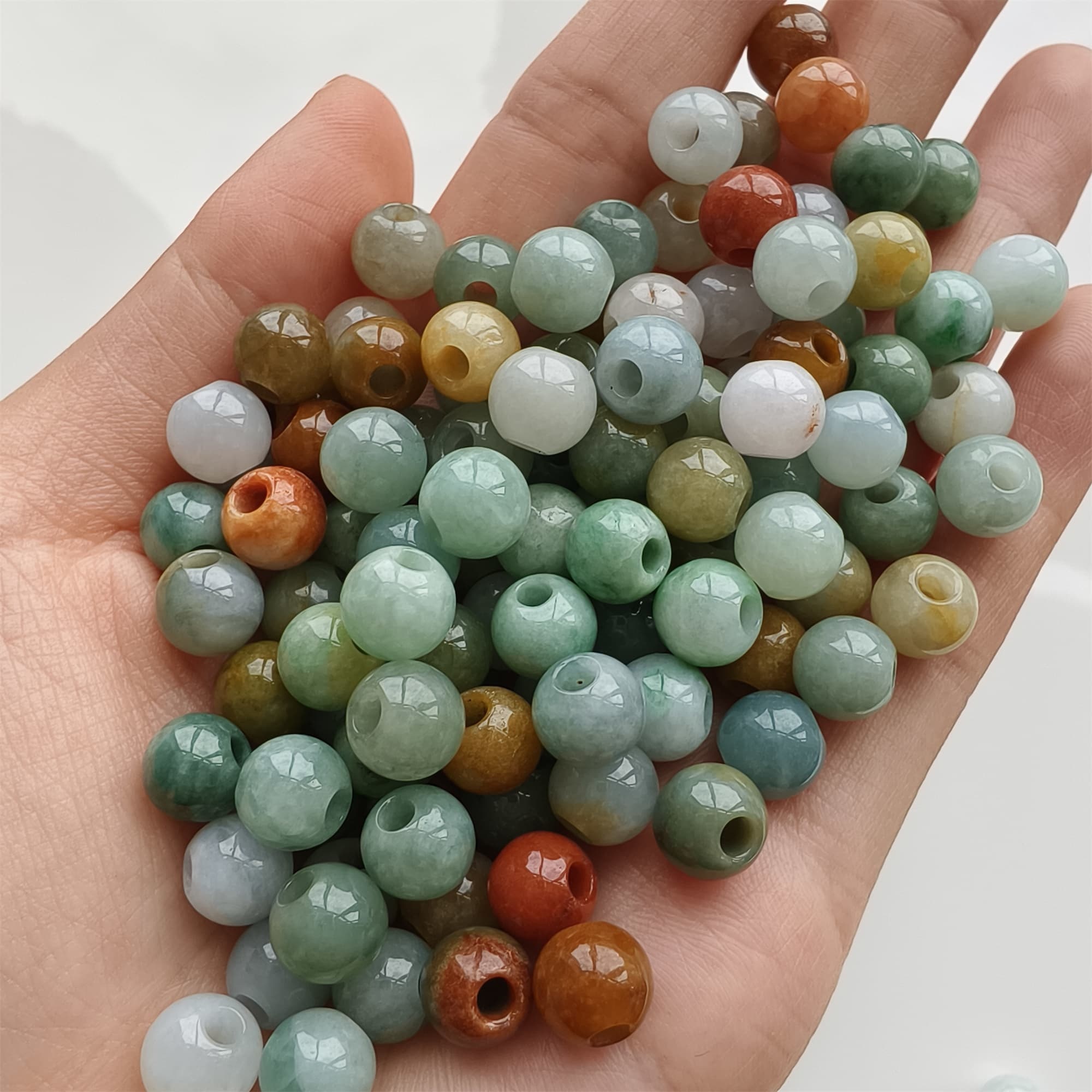 DDP 10pcs 7.5-8mm Natural Certificated Multi Color Burmese Jadeite Big Hole Round Beads