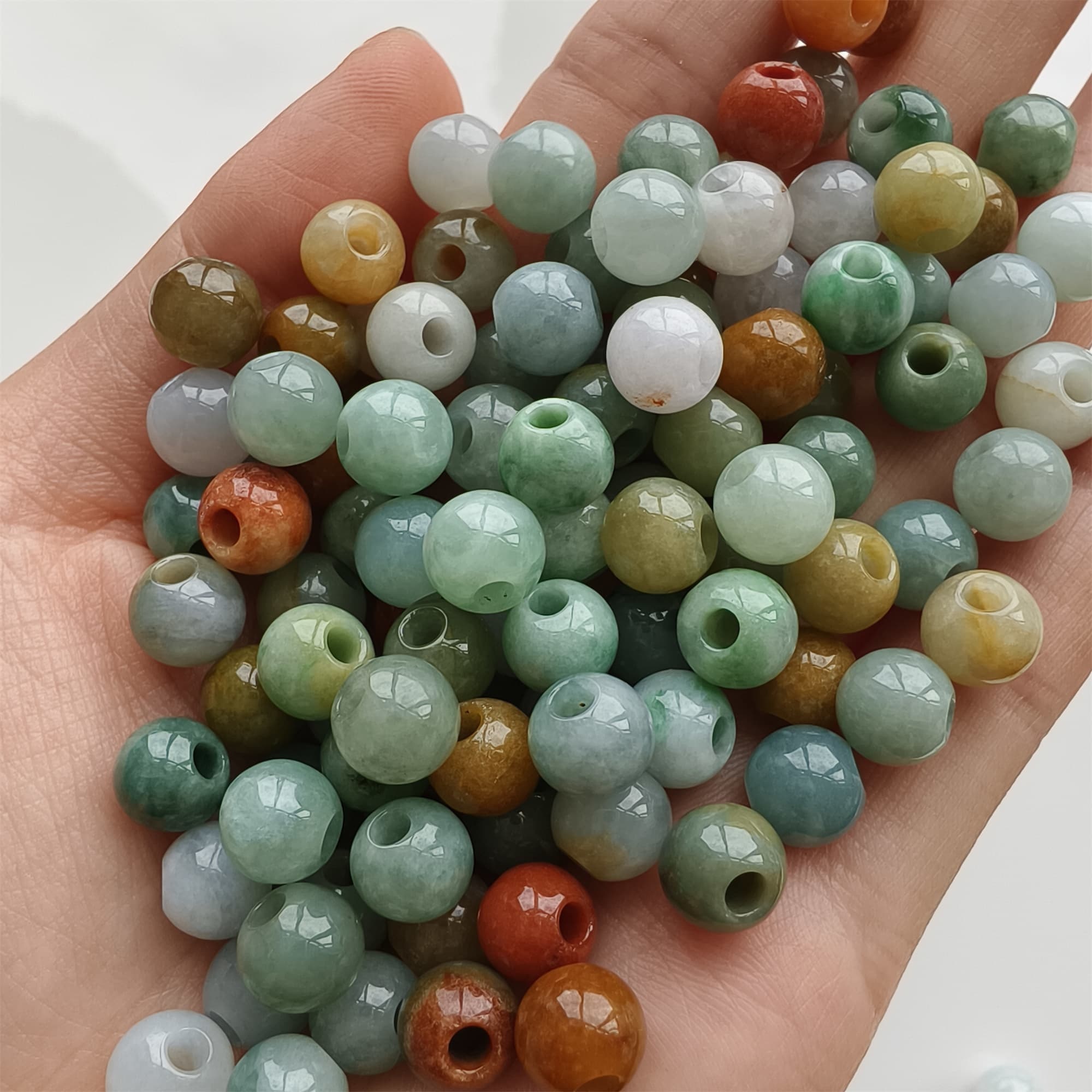 DDP 10pcs 7.5-8mm Natural Certificated Multi Color Burmese Jadeite Big Hole Round Beads
