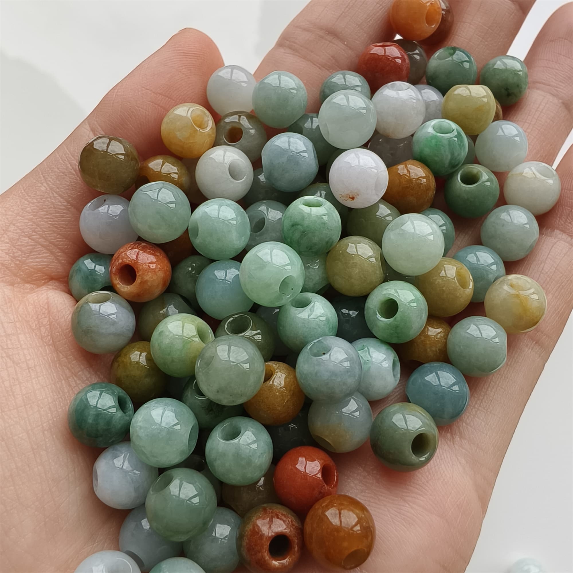 DDP 10pcs 7.5-8mm Natural Certificated Multi Color Burmese Jadeite Big Hole Round Beads