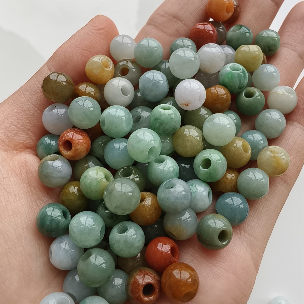 DDP 10pcs 7.5-8mm Natural Certificated Multi Color Burmese Jadeite Big Hole Round Beads