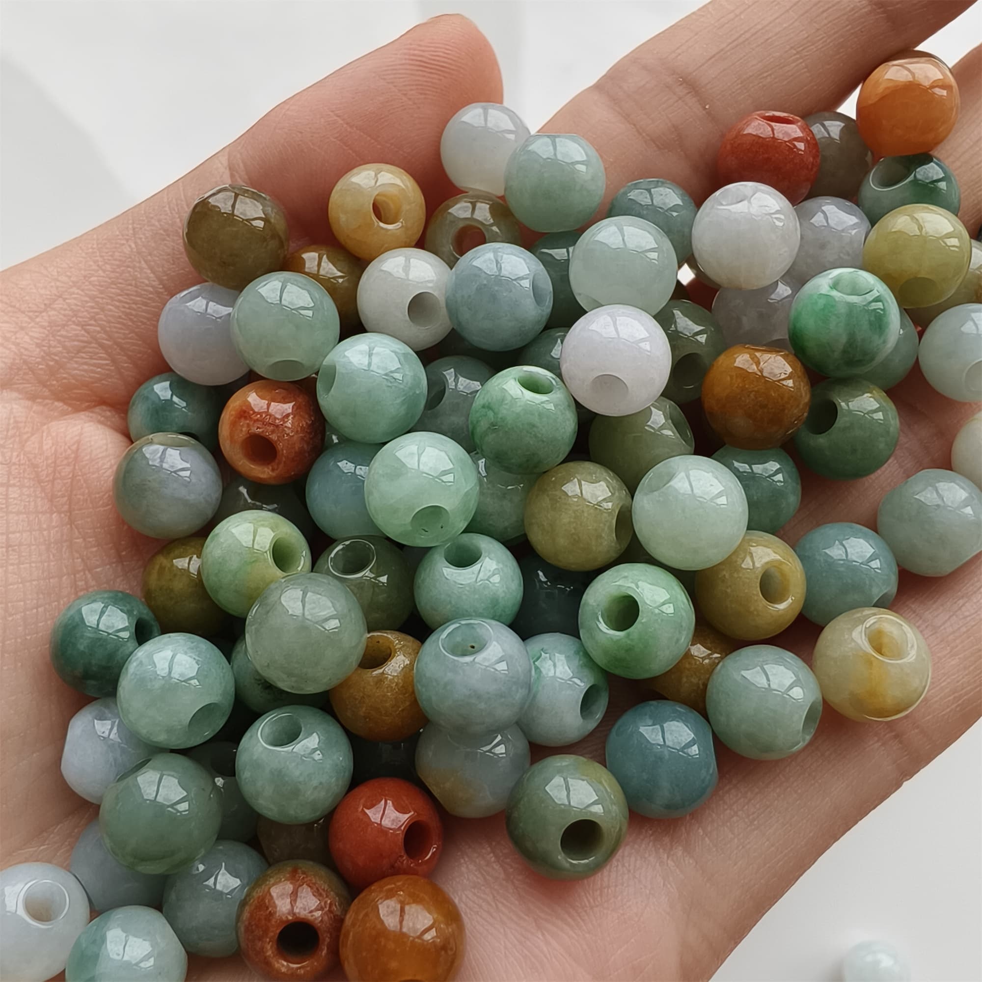 DDP 10pcs 7.5-8mm Natural Certificated Multi Color Burmese Jadeite Big Hole Round Beads