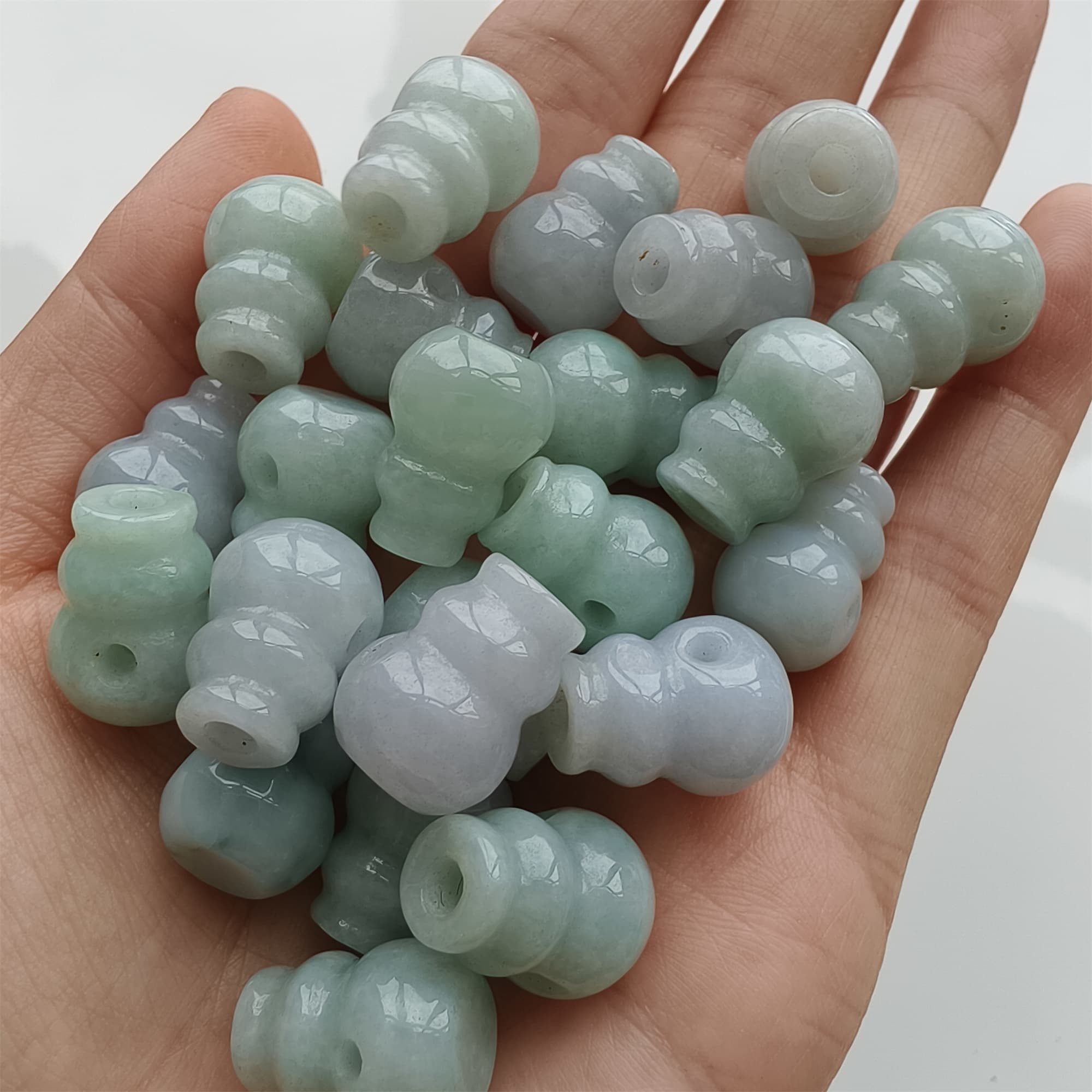 DDP 2pcs 14.5-15mm Natural Certificated Type A Icy Green White Burmese Jadeite Triple Hole Bead