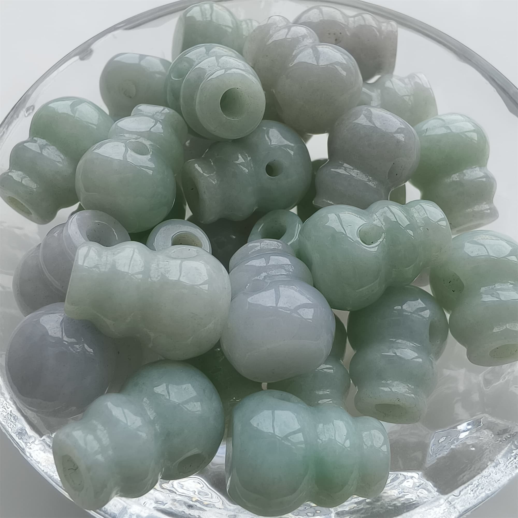 DDP 2pcs 14.5-15mm Natural Certificated Type A Icy Green White Burmese Jadeite Triple Hole Bead