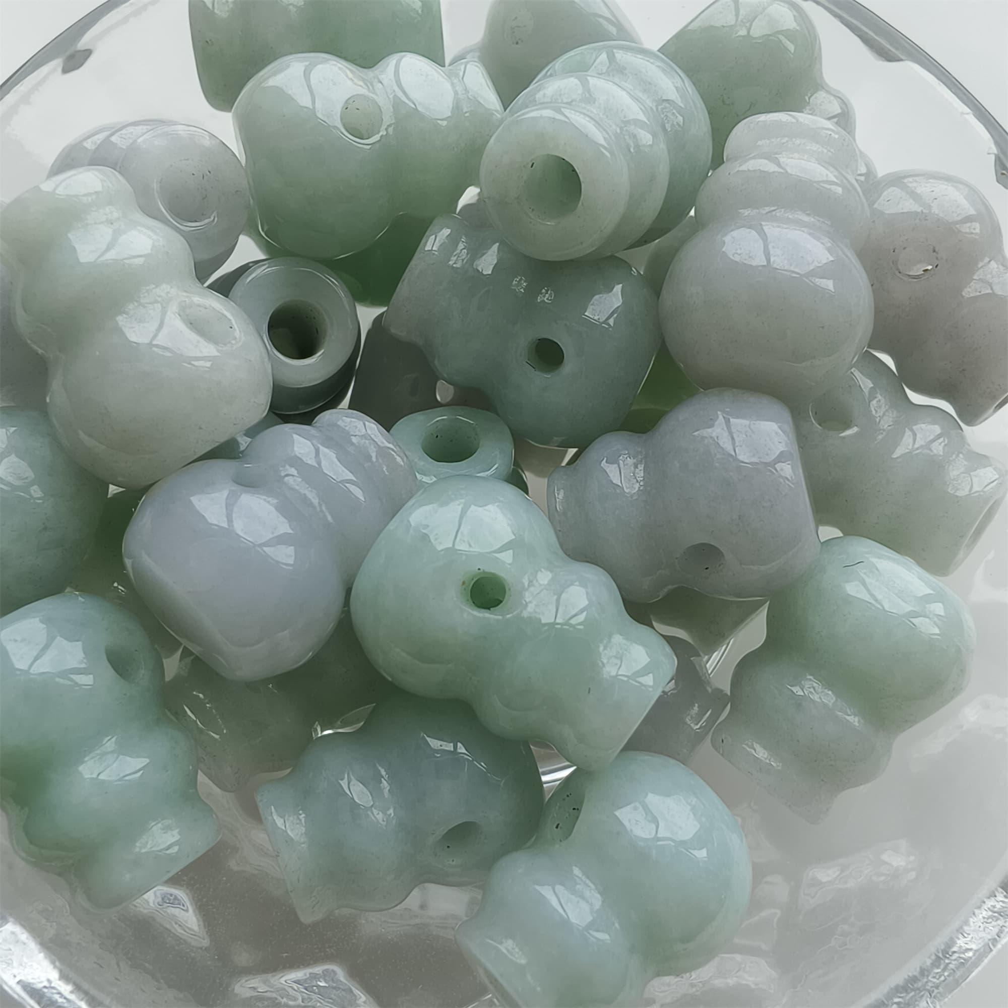 DDP 2pcs 14.5-15mm Natural Certificated Type A Icy Green White Burmese Jadeite Triple Hole Bead