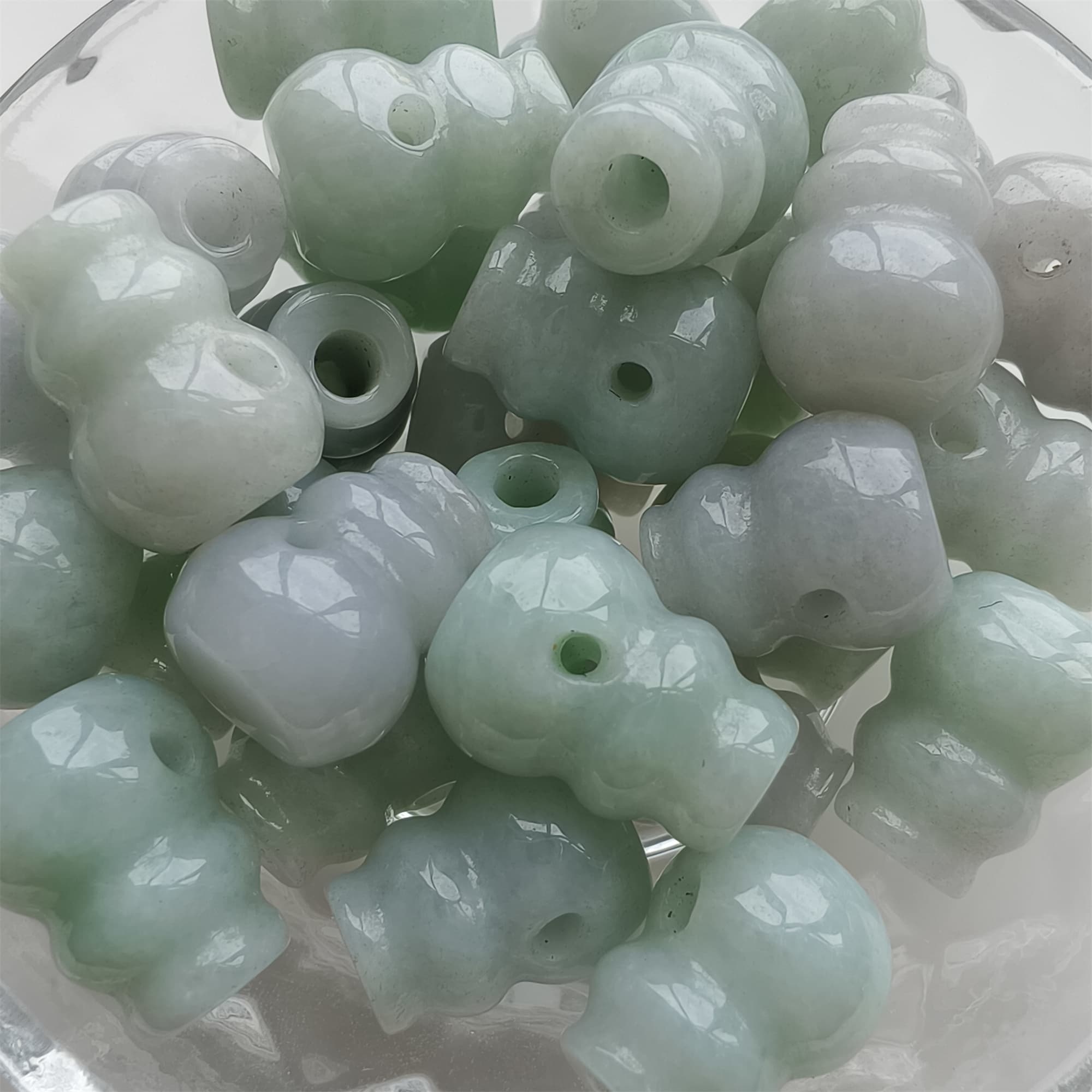 DDP 2pcs 14.5-15mm Natural Certificated Type A Icy Green White Burmese Jadeite Triple Hole Bead