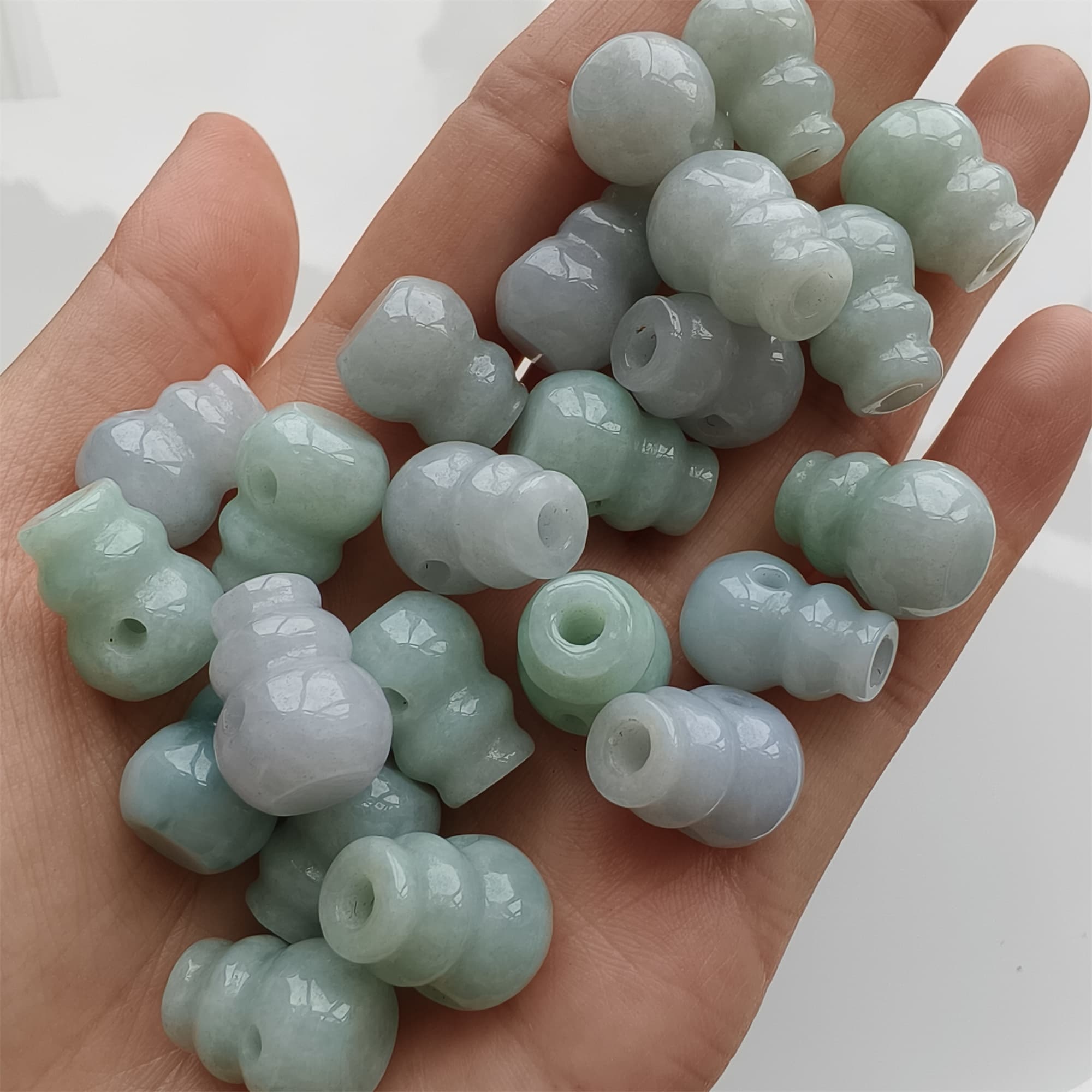 DDP 2pcs 14.5-15mm Natural Certificated Type A Icy Green White Burmese Jadeite Triple Hole Bead