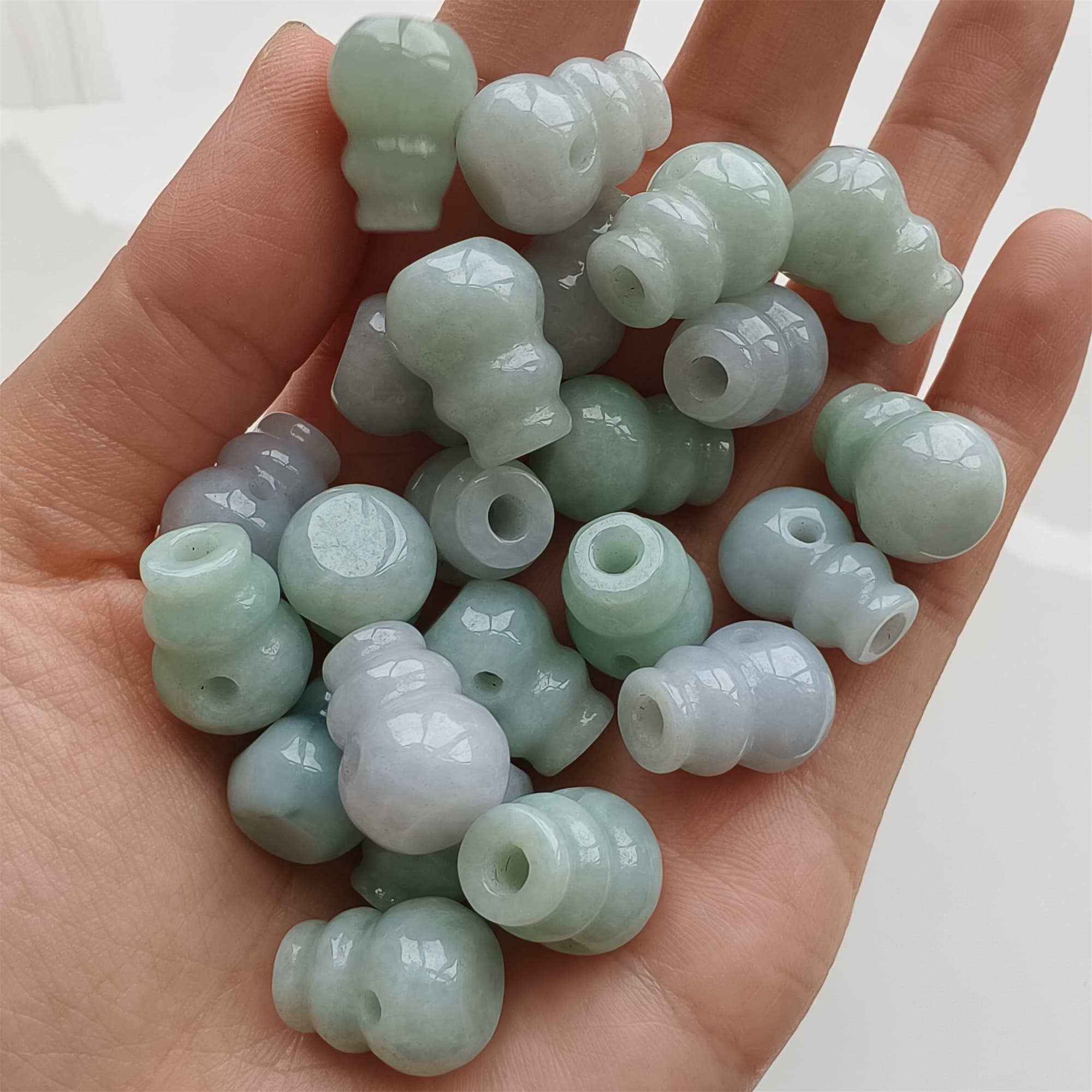 DDP 2pcs 14.5-15mm Natural Certificated Type A Icy Green White Burmese Jadeite Triple Hole Bead