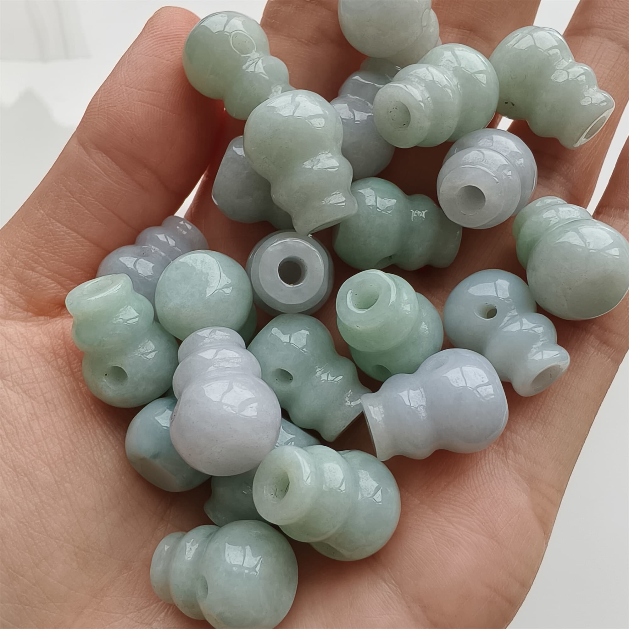 DDP 2pcs 14.5-15mm Natural Certificated Type A Icy Green White Burmese Jadeite Triple Hole Bead