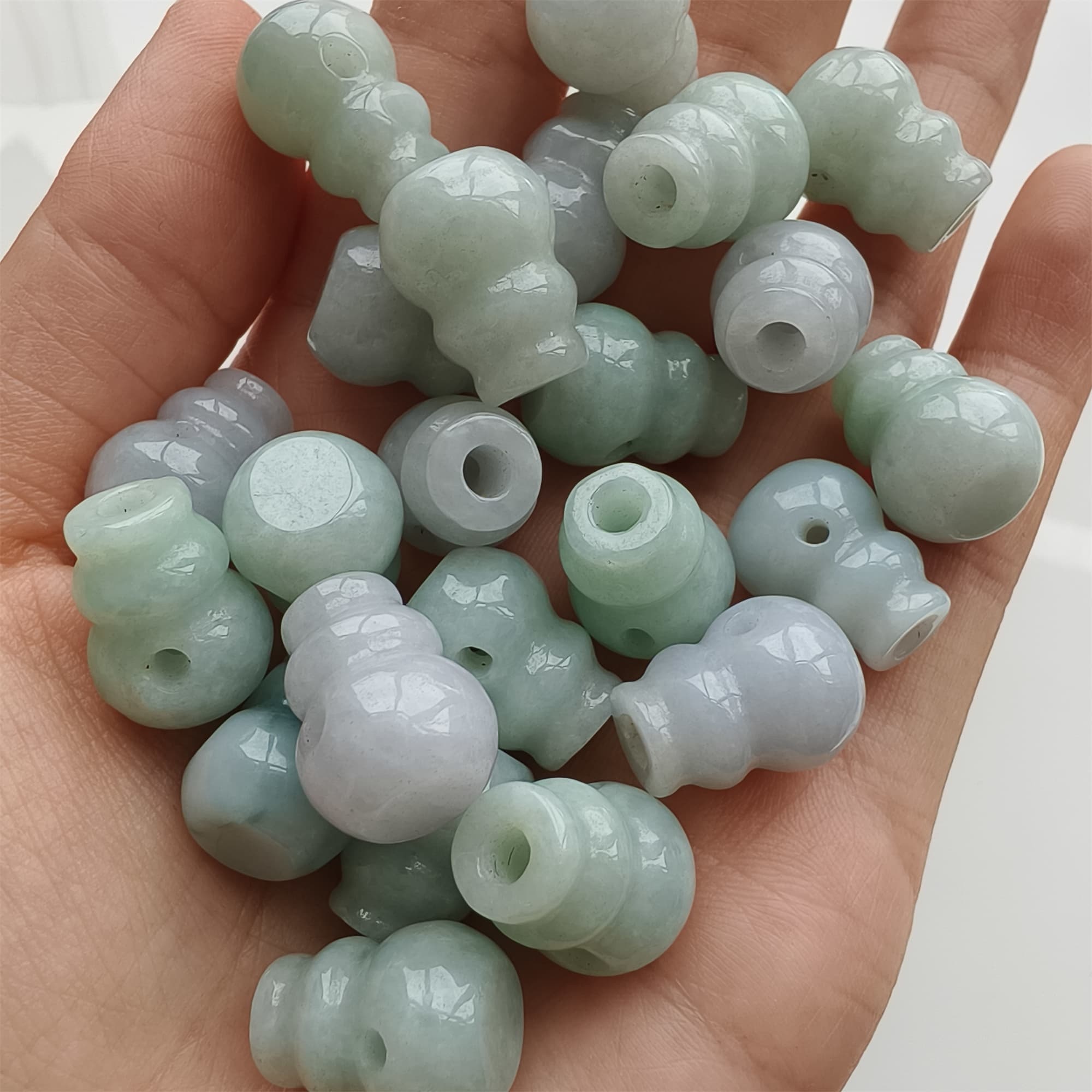 DDP 2pcs 14.5-15mm Natural Certificated Type A Icy Green White Burmese Jadeite Triple Hole Bead