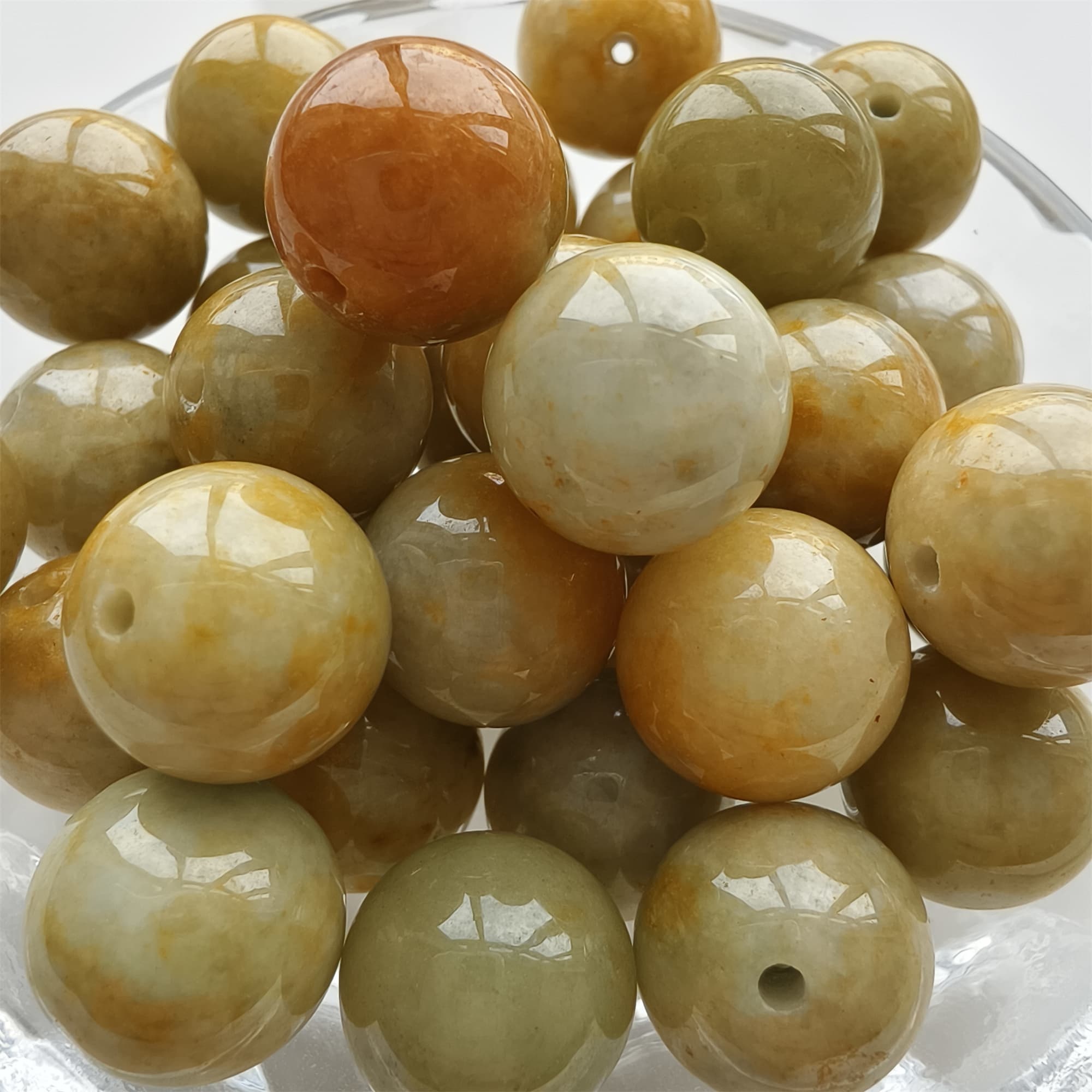 DDP 15pcs 14mm Natural Certificated Yellow Green Burmese Jadeite Round Beads
