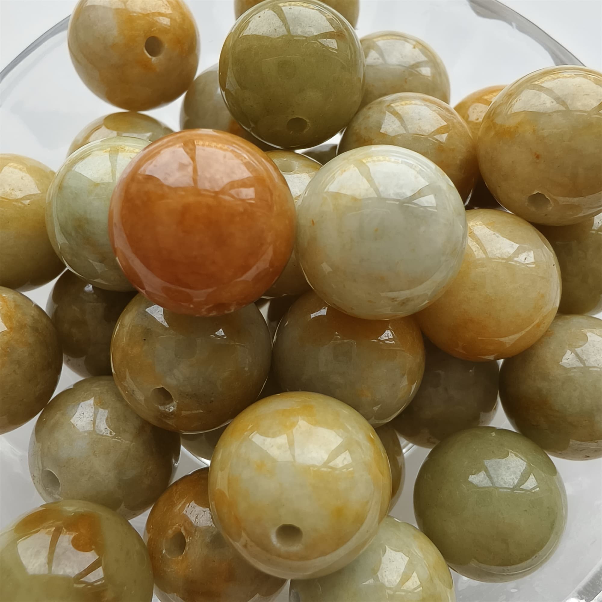 DDP 15pcs 14mm Natural Certificated Yellow Green Burmese Jadeite Round Beads