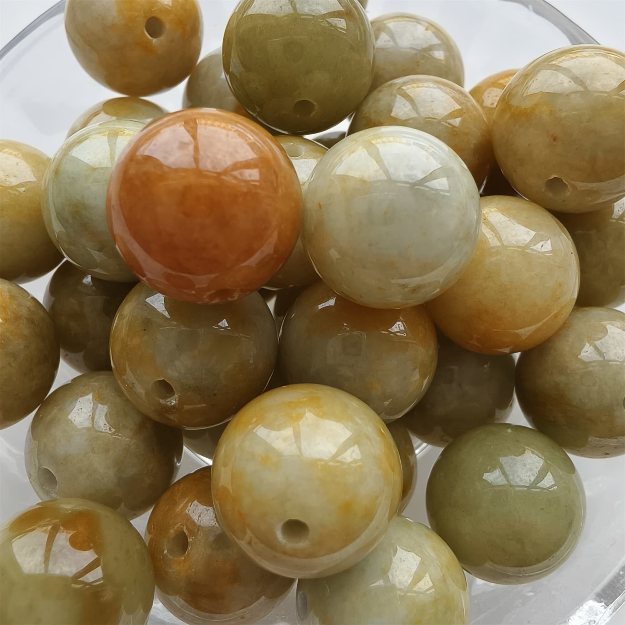DDP 15pcs 14mm Natural Certificated Yellow Green Burmese Jadeite Round Beads