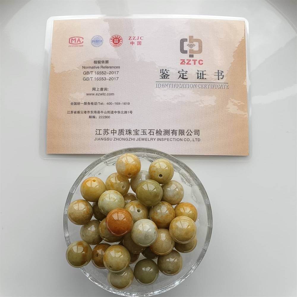 DDP 15pcs 14mm Natural Certificated Yellow Green Burmese Jadeite Round Beads