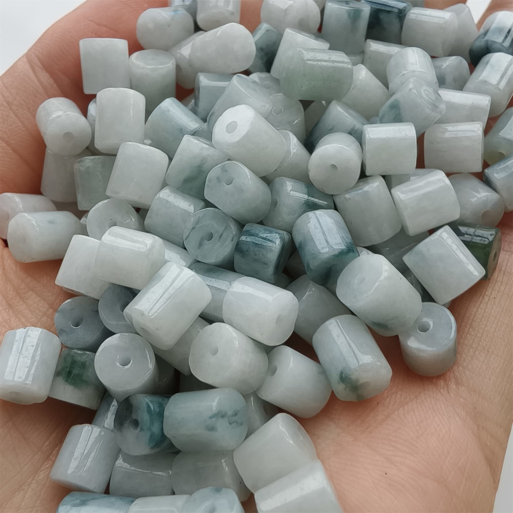 DDP 30pcs 4-6.5mm Natural Type A Green White Moss In Snow Burmese Jadeite Cylindrical Beads