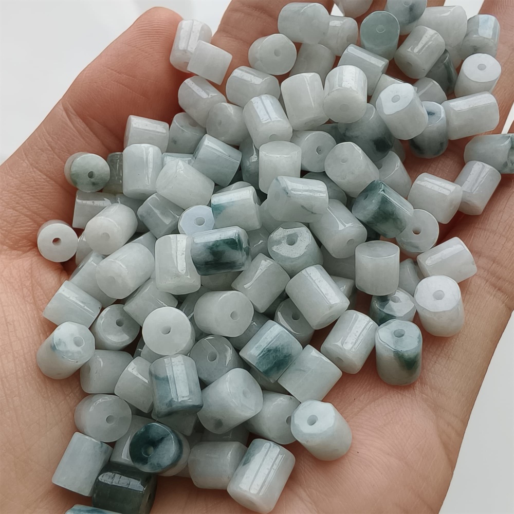 DDP 30pcs 4-6.5mm Natural Type A Green White Moss In Snow Burmese Jadeite Cylindrical Beads