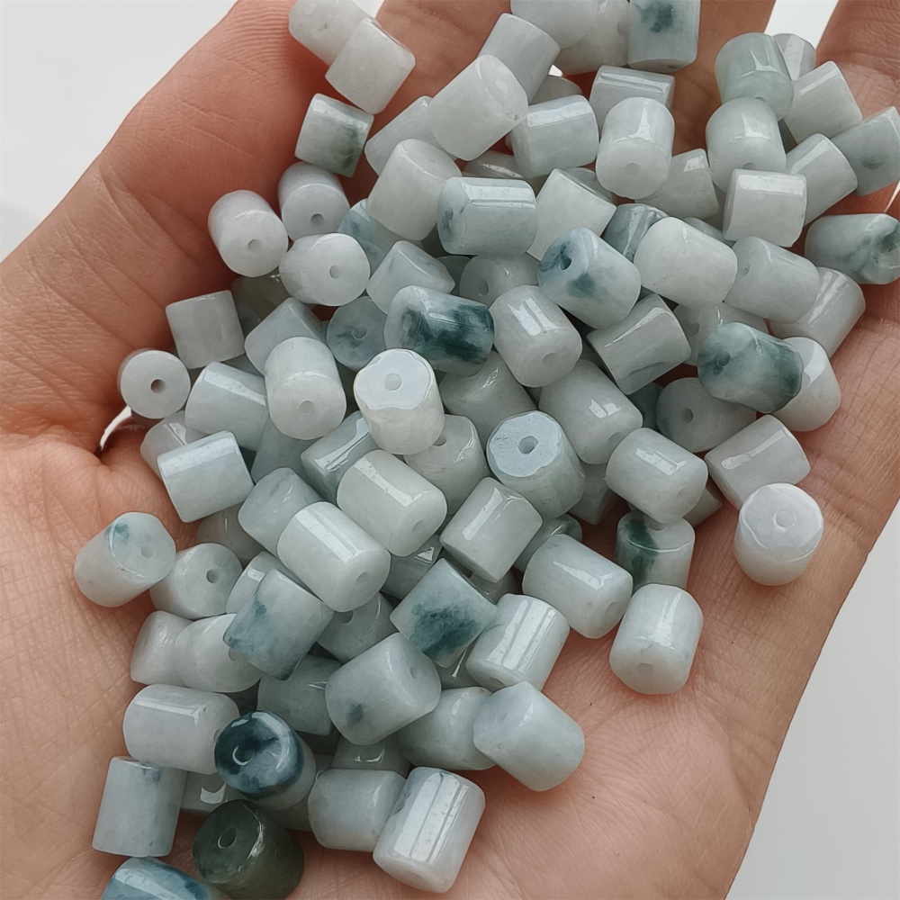 DDP 30pcs 4-6.5mm Natural Type A Green White Moss In Snow Burmese Jadeite Cylindrical Beads