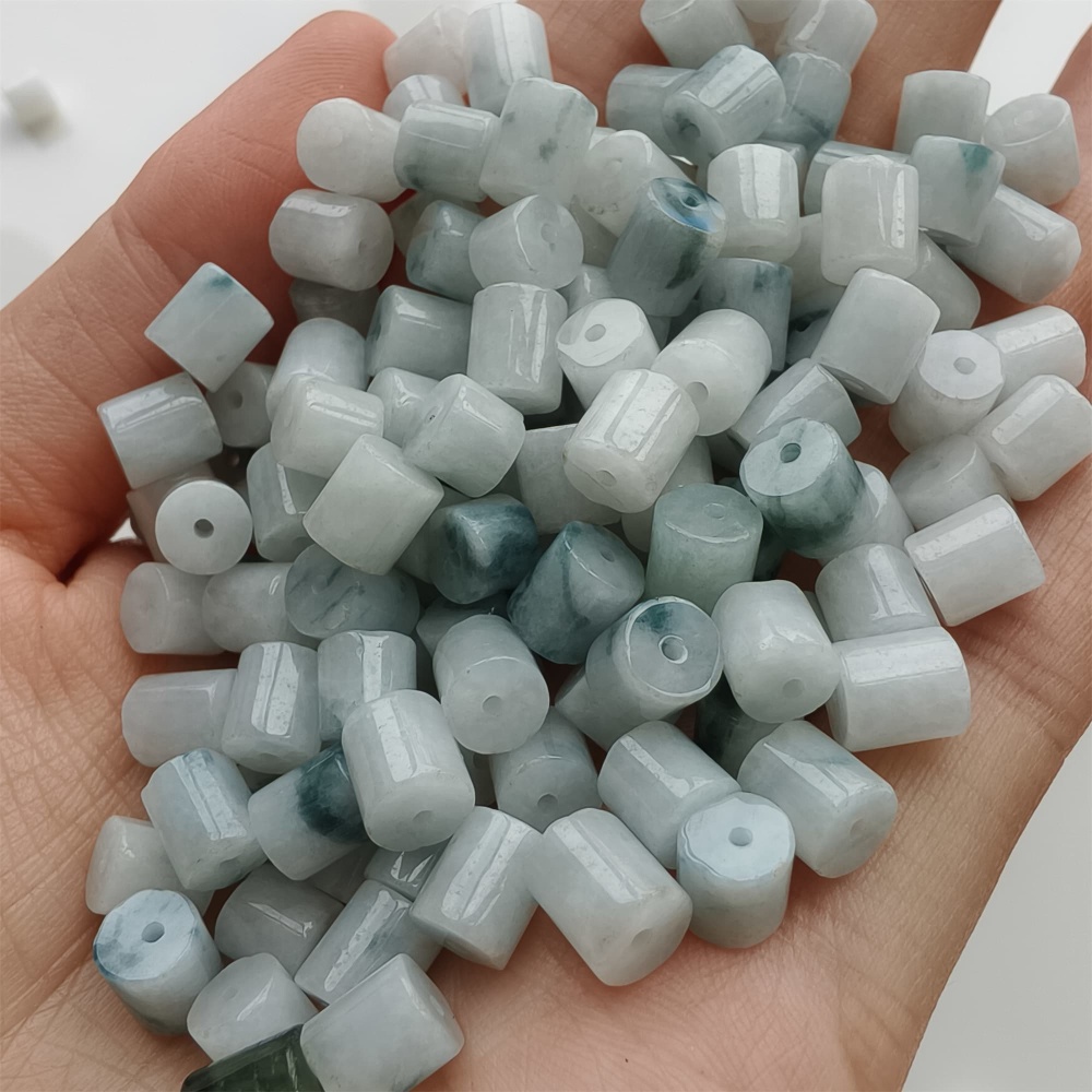 DDP 30pcs 4-6.5mm Natural Type A Green White Moss In Snow Burmese Jadeite Cylindrical Beads