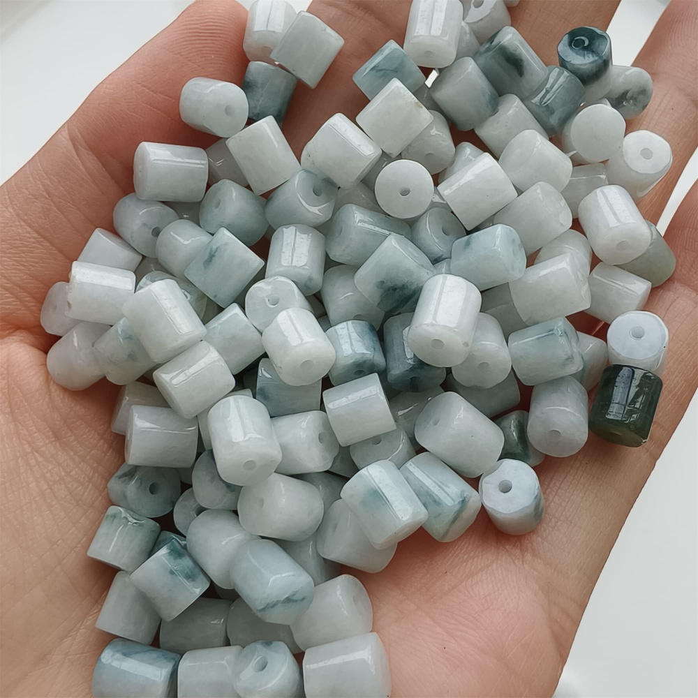 DDP 30pcs 4-6.5mm Natural Type A Green White Moss In Snow Burmese Jadeite Cylindrical Beads
