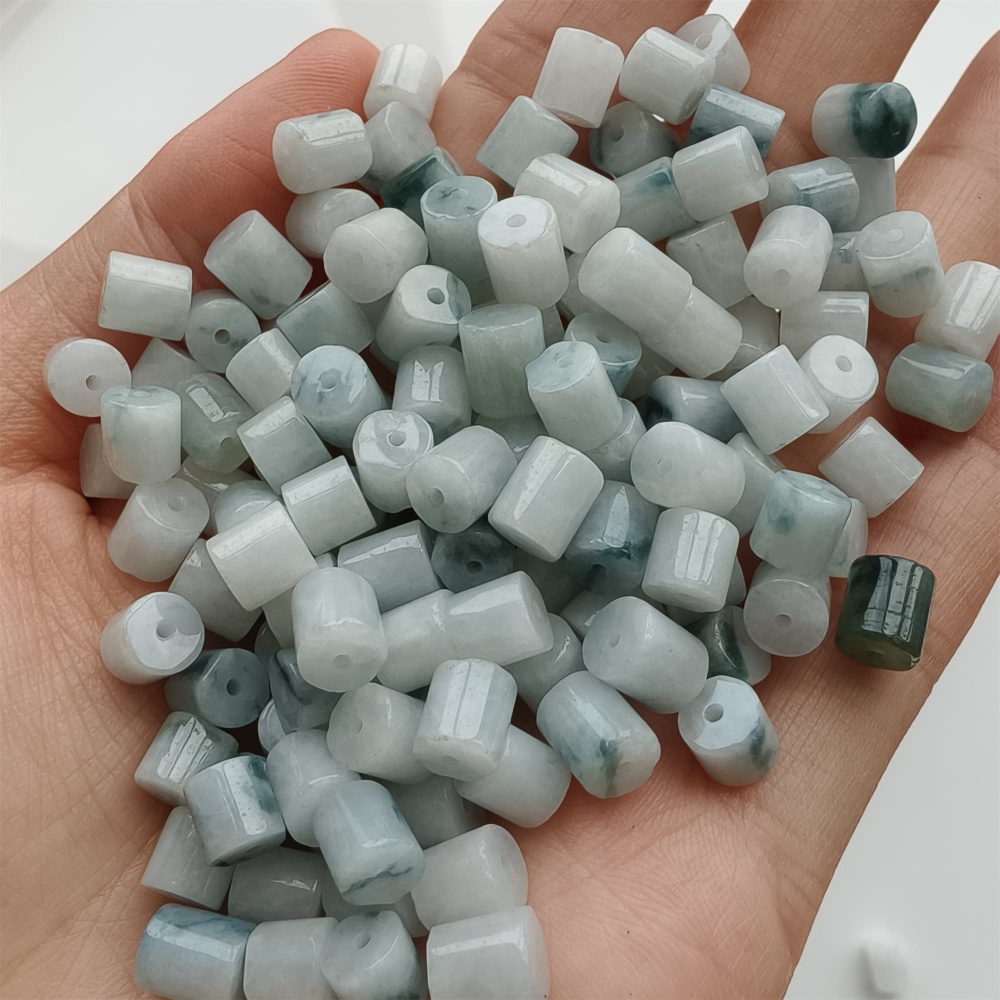 DDP 30pcs 4-6.5mm Natural Type A Green White Moss In Snow Burmese Jadeite Cylindrical Beads