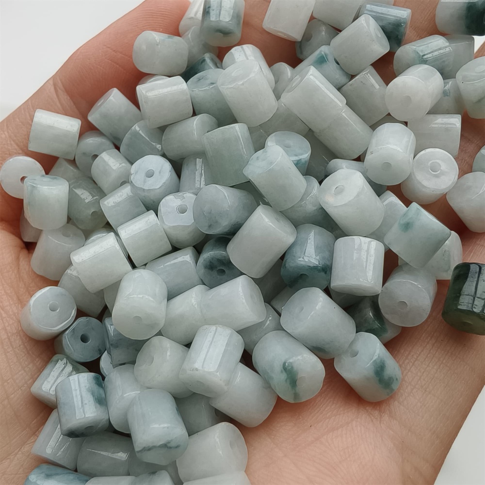 DDP 30pcs 4-6.5mm Natural Type A Green White Moss In Snow Burmese Jadeite Cylindrical Beads