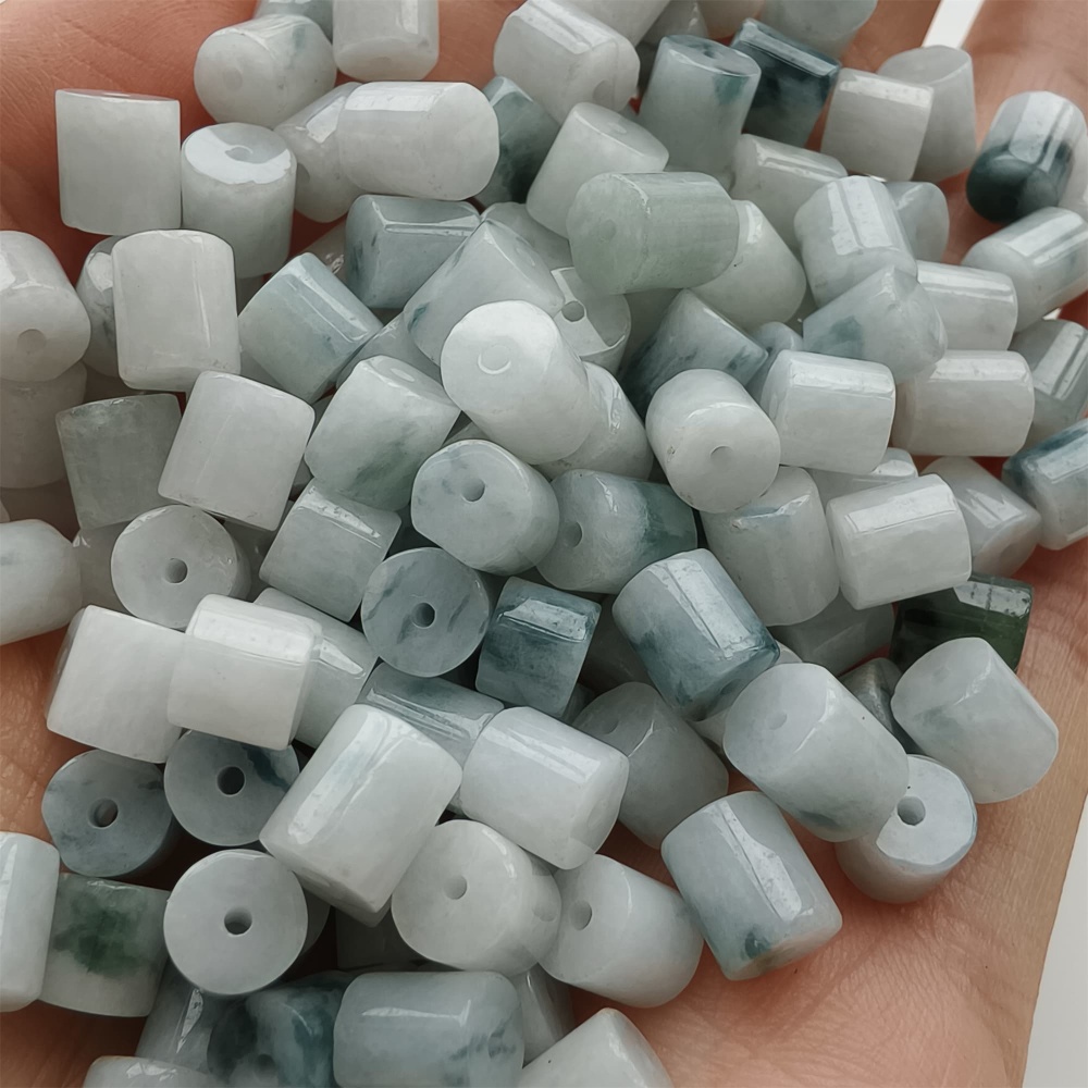 DDP 30pcs 4-6.5mm Natural Type A Green White Moss In Snow Burmese Jadeite Cylindrical Beads