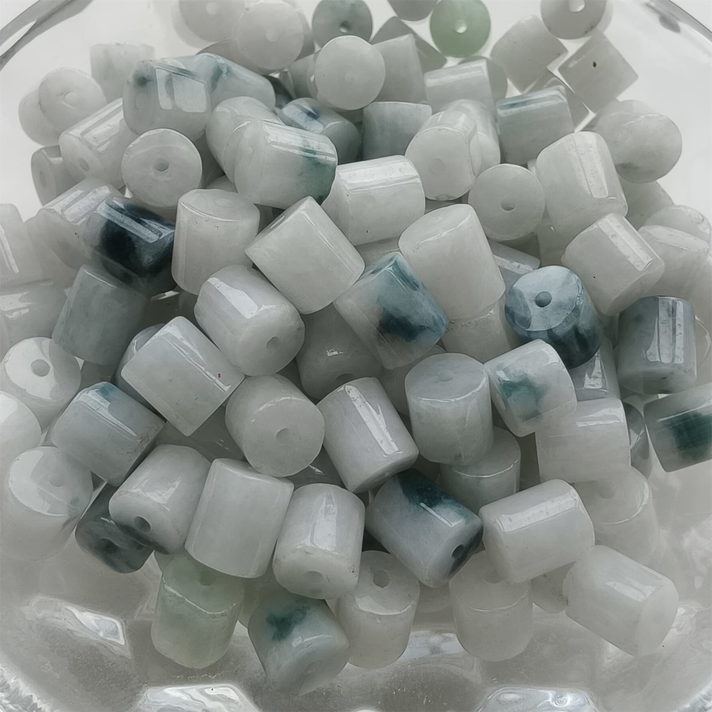 DDP 30pcs 4-6.5mm Natural Type A Green White Moss In Snow Burmese Jadeite Cylindrical Beads